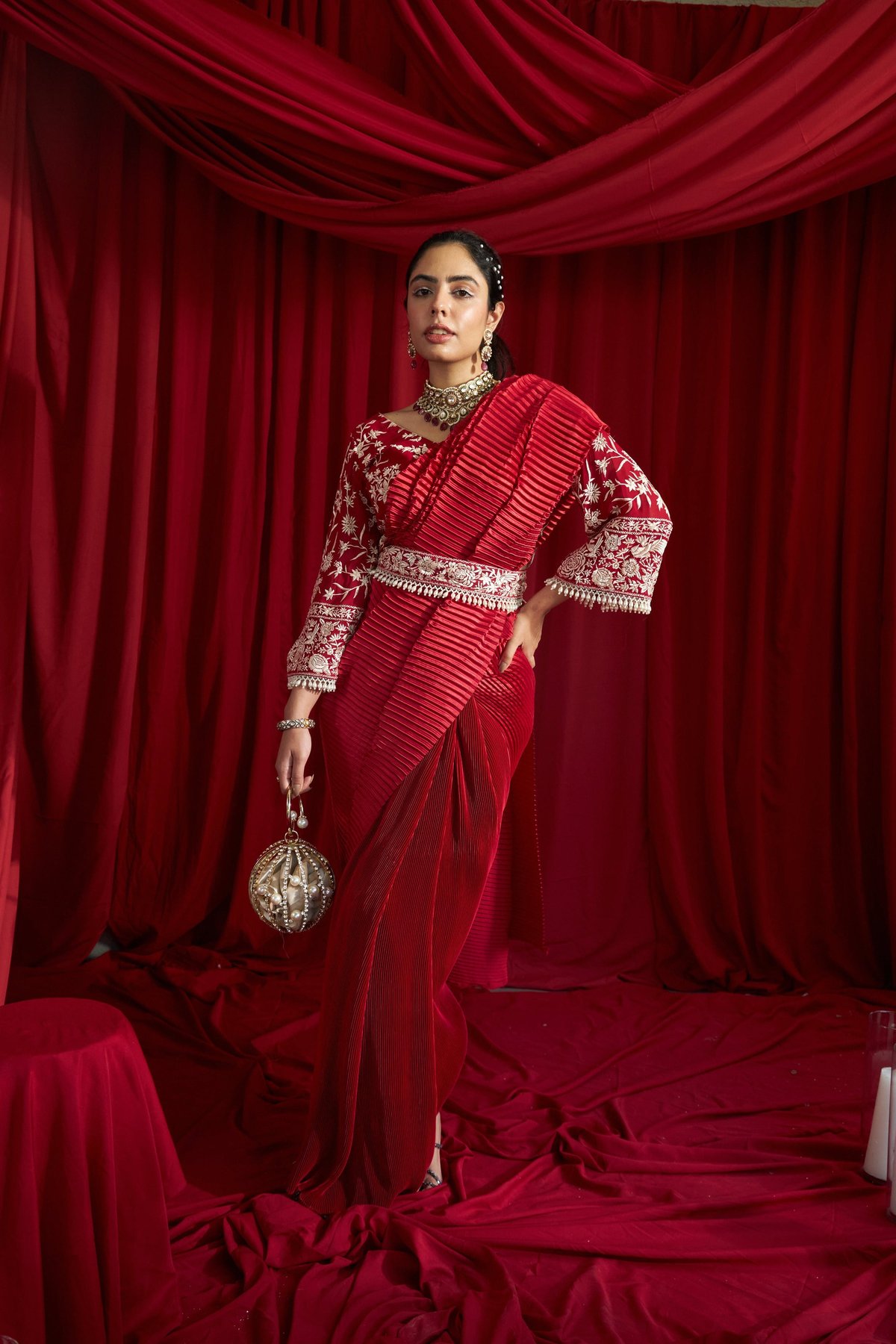 Red Pre-Pleated Skirt Saree Set with Embroidered Blouse