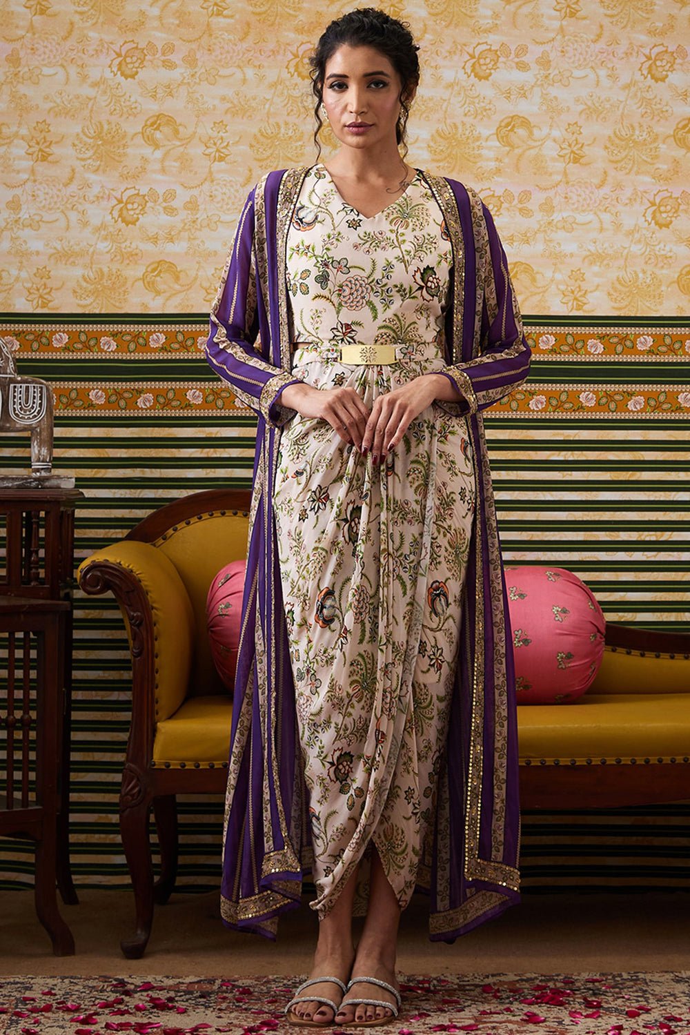 Mehr Drape Dress With Printed Jacket with Belt
