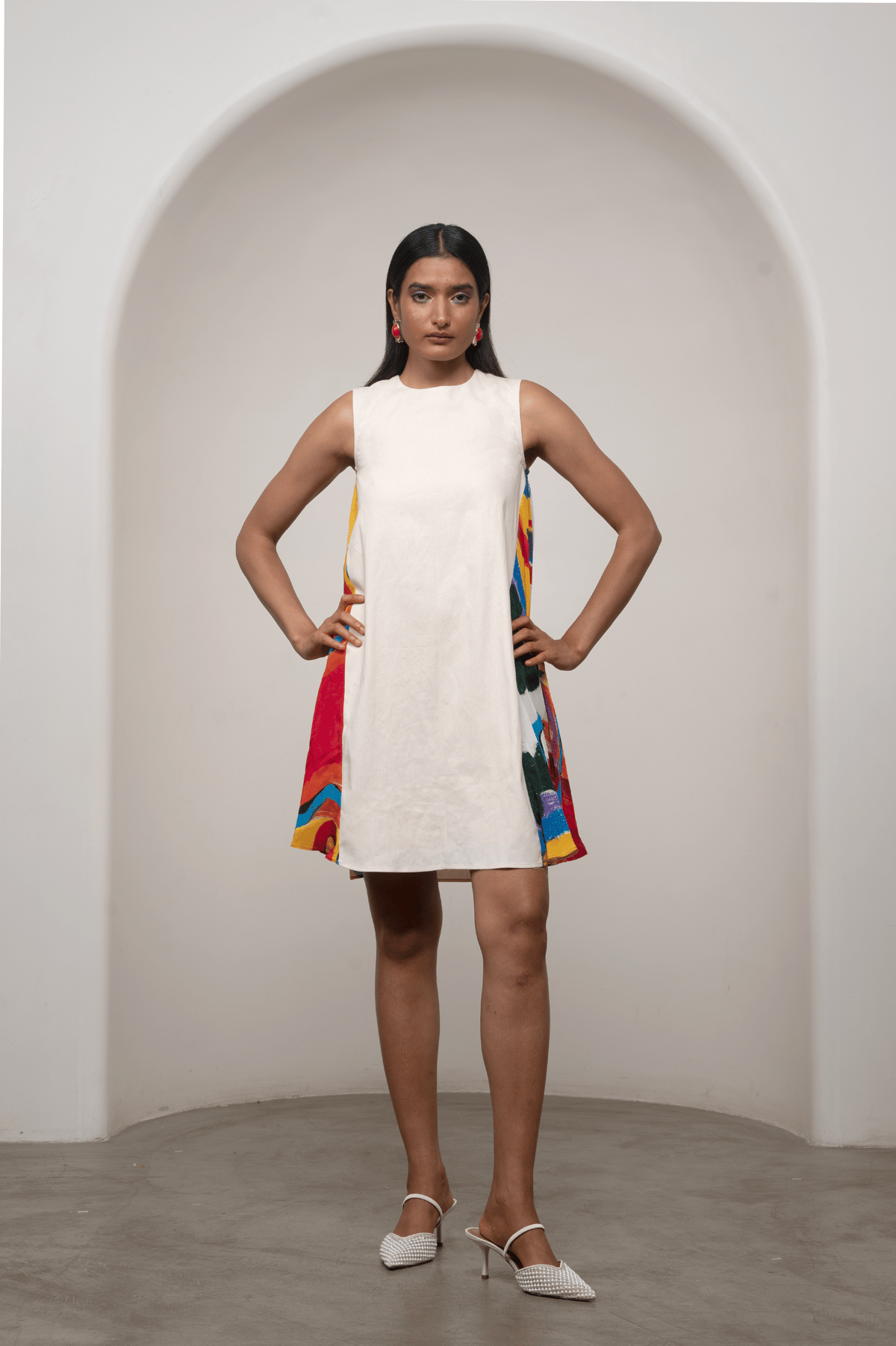 White A-Line Mini Dress with Printed Side Panels