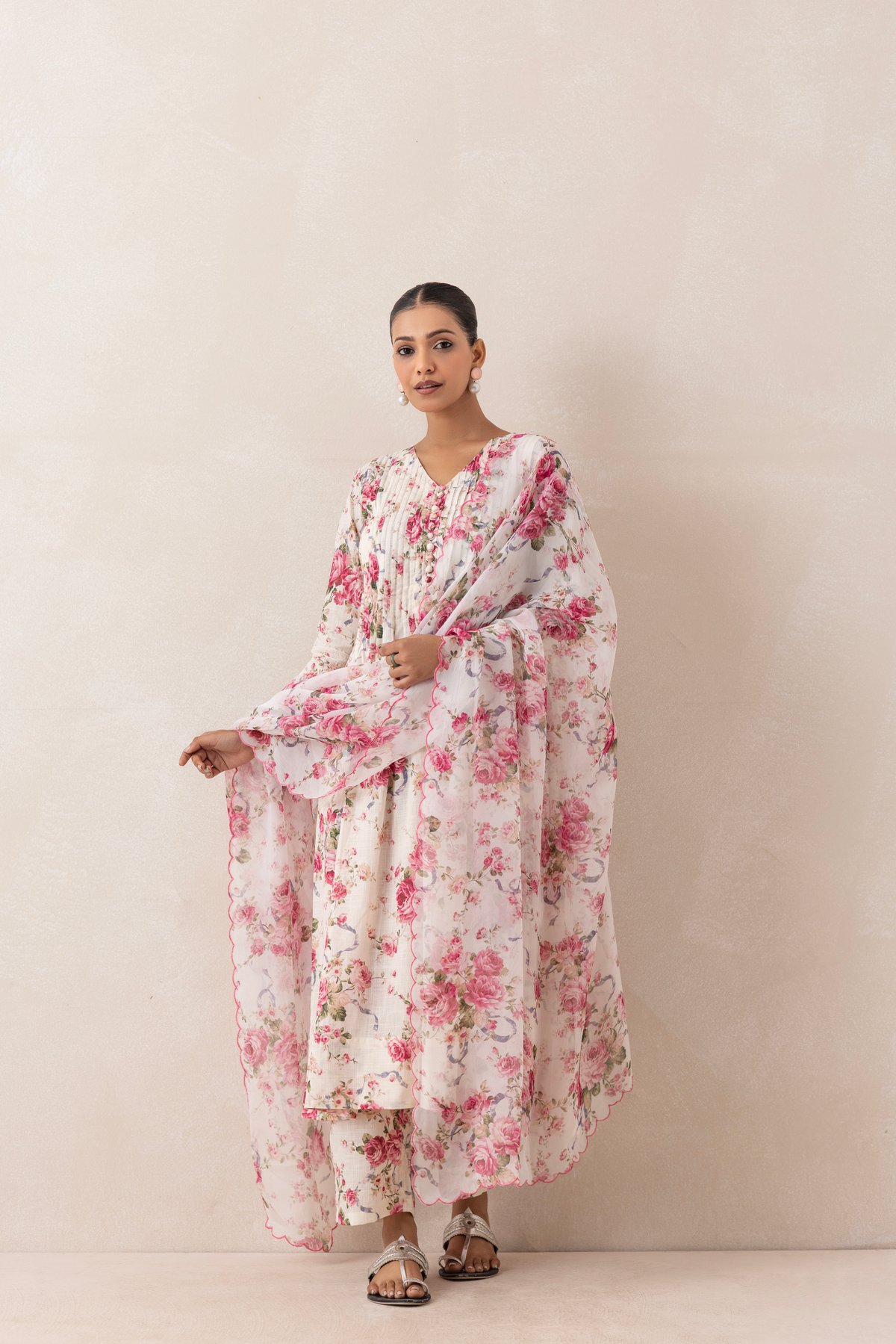 Pink and White Floral Printed Flared Kurta Set
