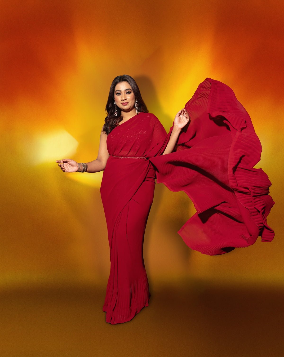 Red Pre-Pleated Georgette Saree Set with Mirror Blouse