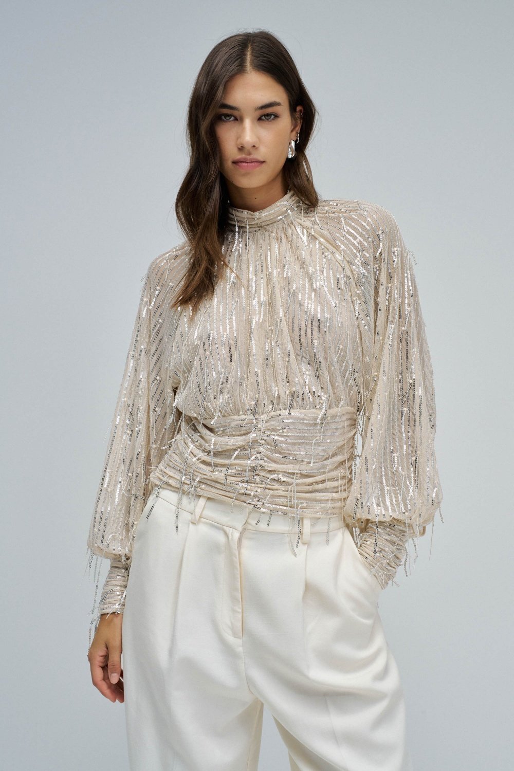 Medium Pearl Sequin Mesh High Neck Party Top