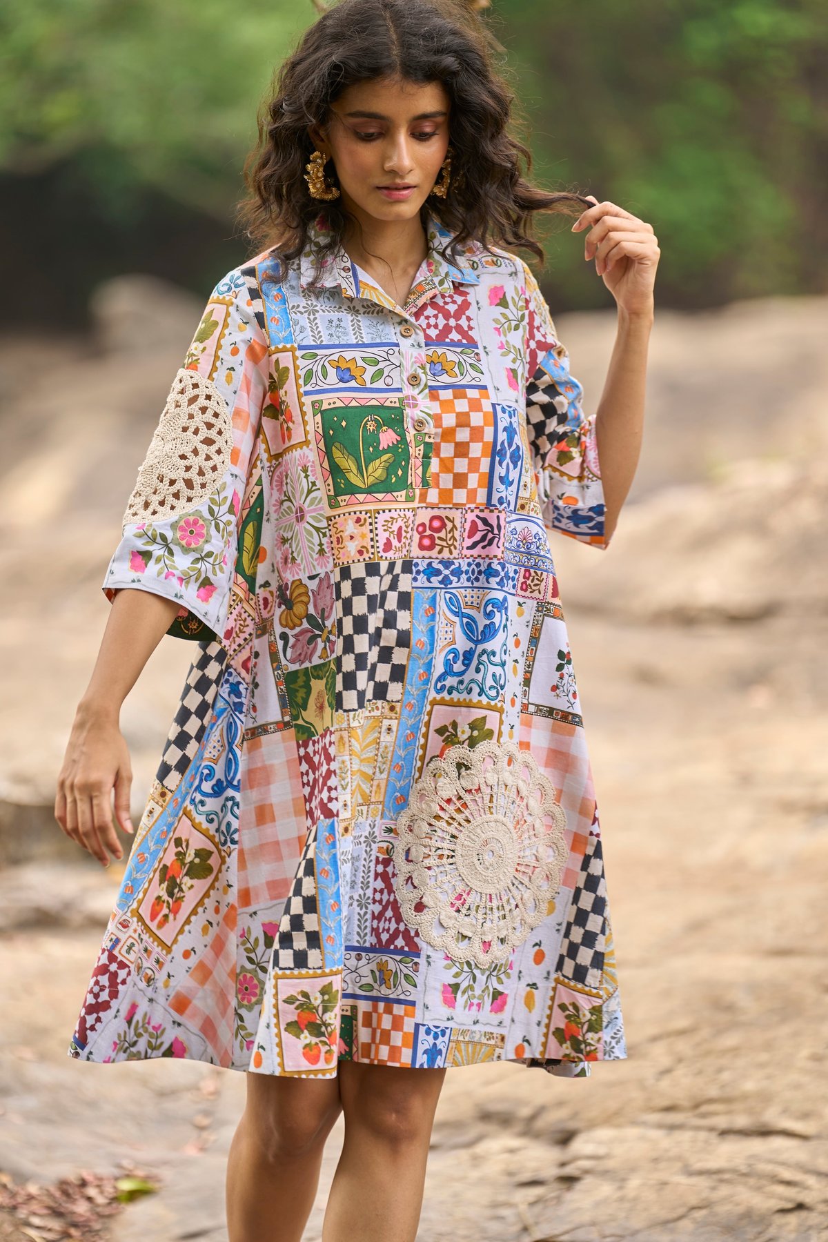 Multicolor Printed Patchwork Shirt Dress with Crochet Detail
