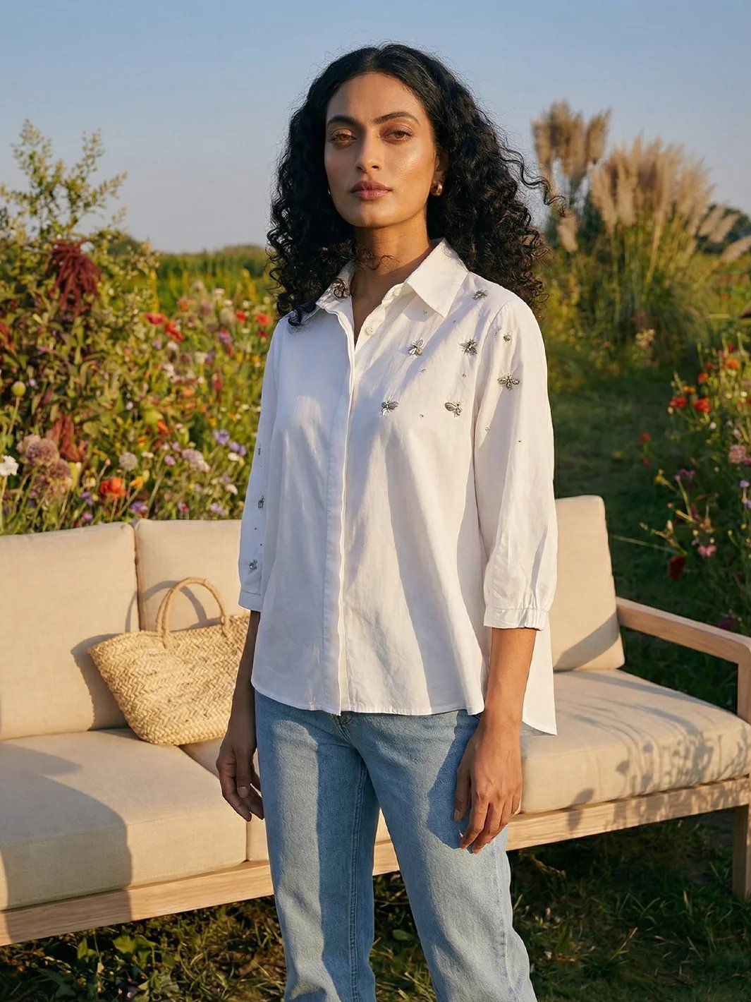 White Cotton Twill Relaxed-Fit Shirt with Motif Detail
