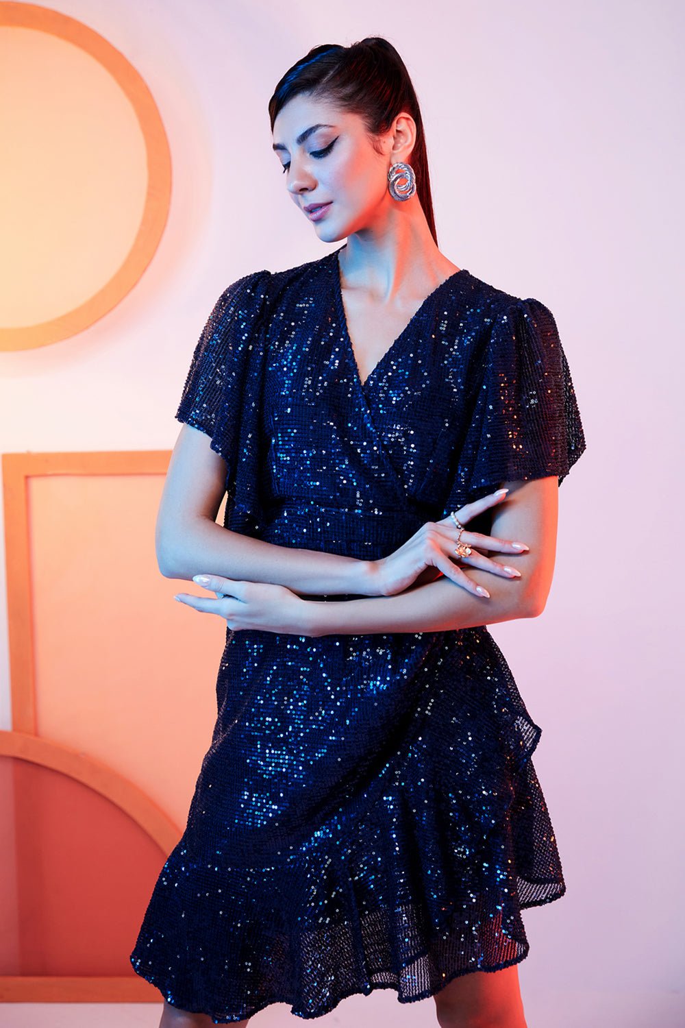 Blue Sequin Wrap Dress with Flutter Sleeves