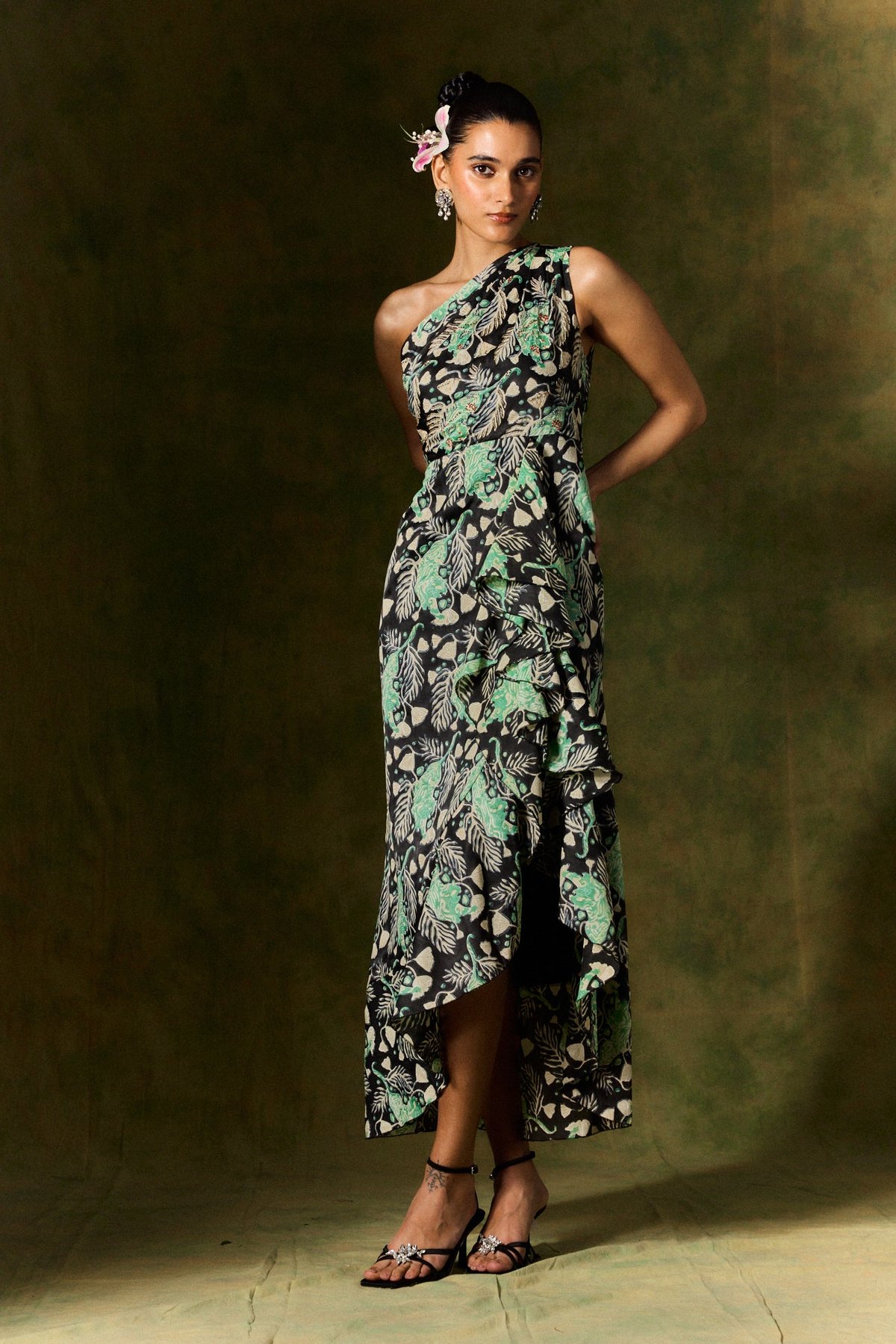 Black and Green One-Shoulder Satin Silk Maxi Dress