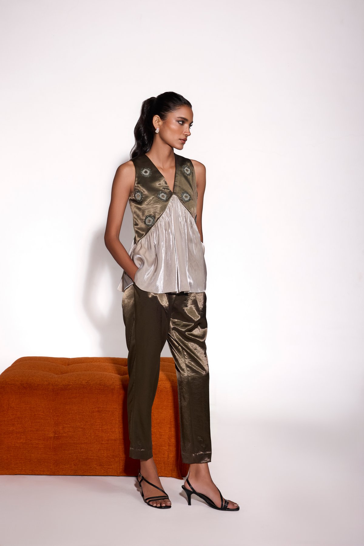 Dusky Olive Satin Straight-Leg High-Rise Trousers