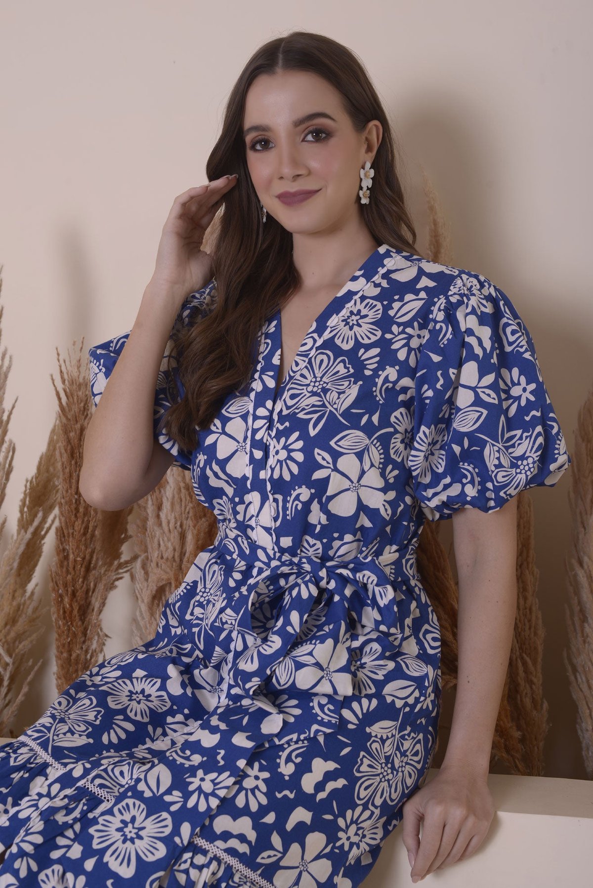 Blue and White Floral Belted Tiered Midi Dress