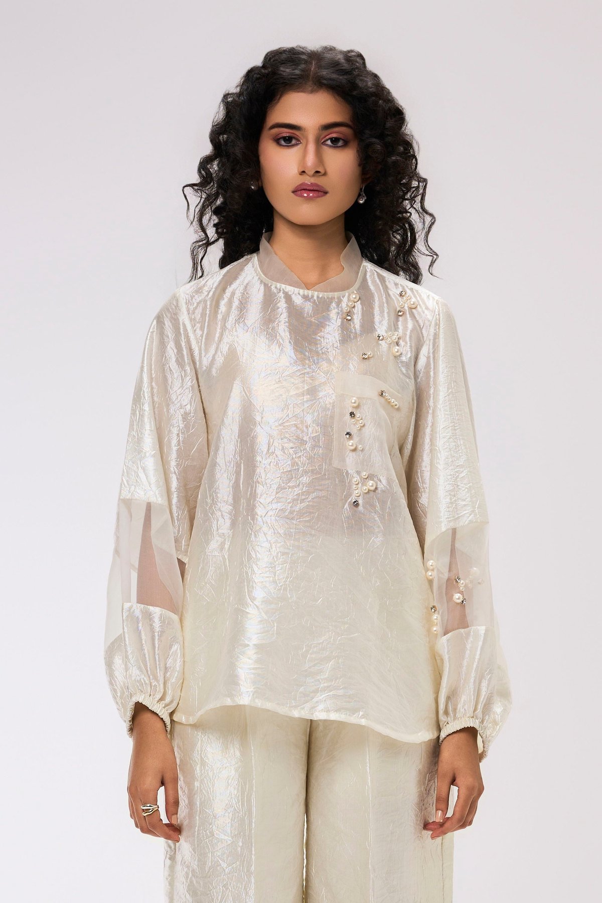 Ivory Shimmer Embellished Top with Sheer Balloon Sleeves