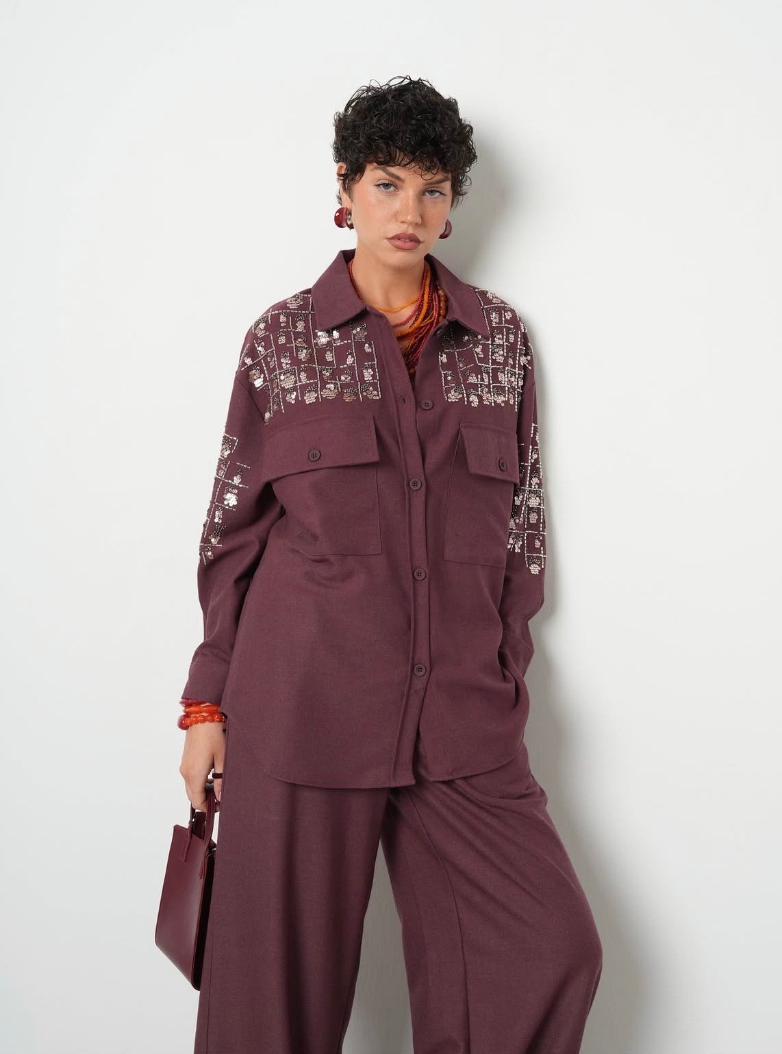 Maroon Embellished Shirt and Wide-Leg Pants Co-ord Set
