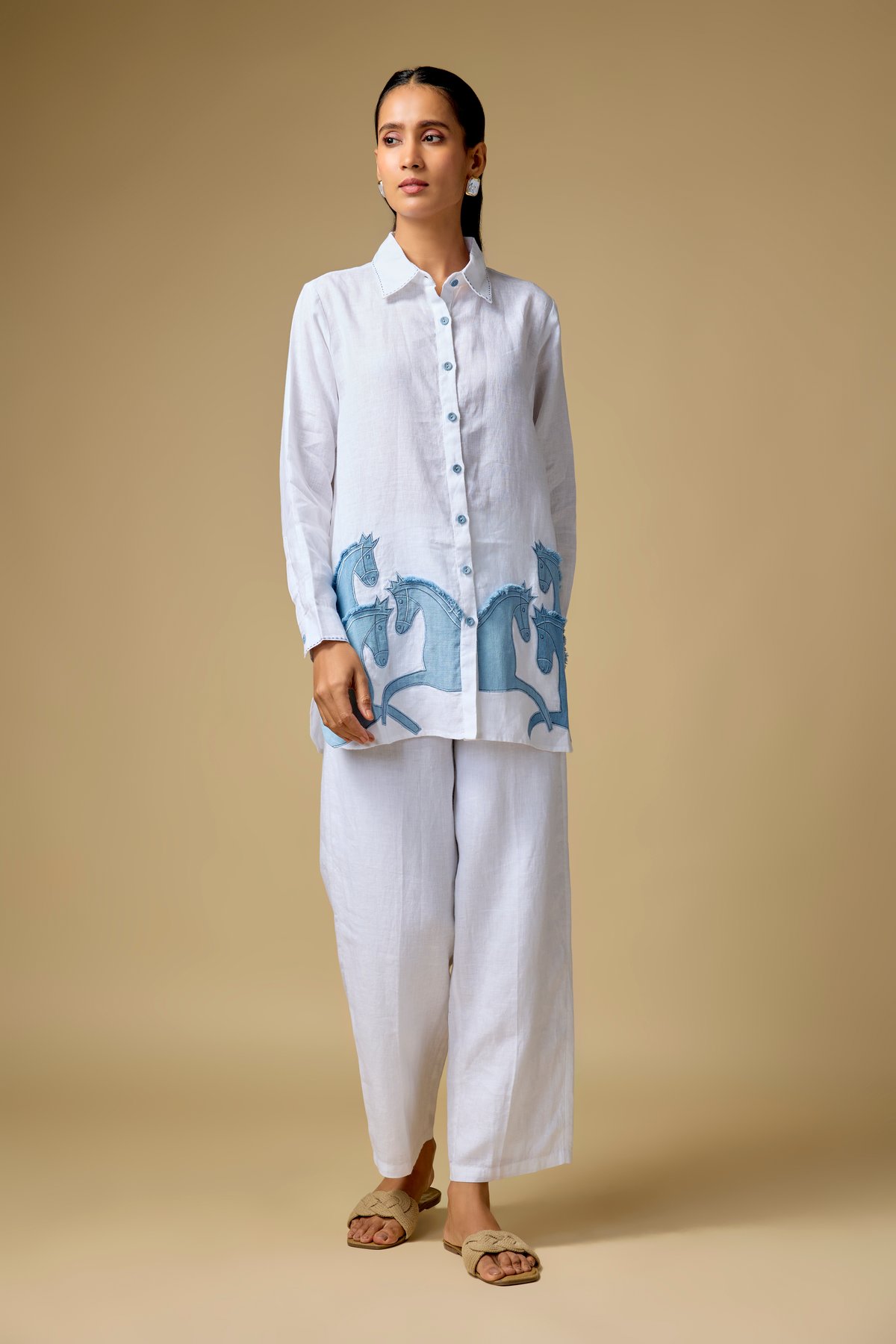 White Linen Longline Shirt with Horse Motif Applique