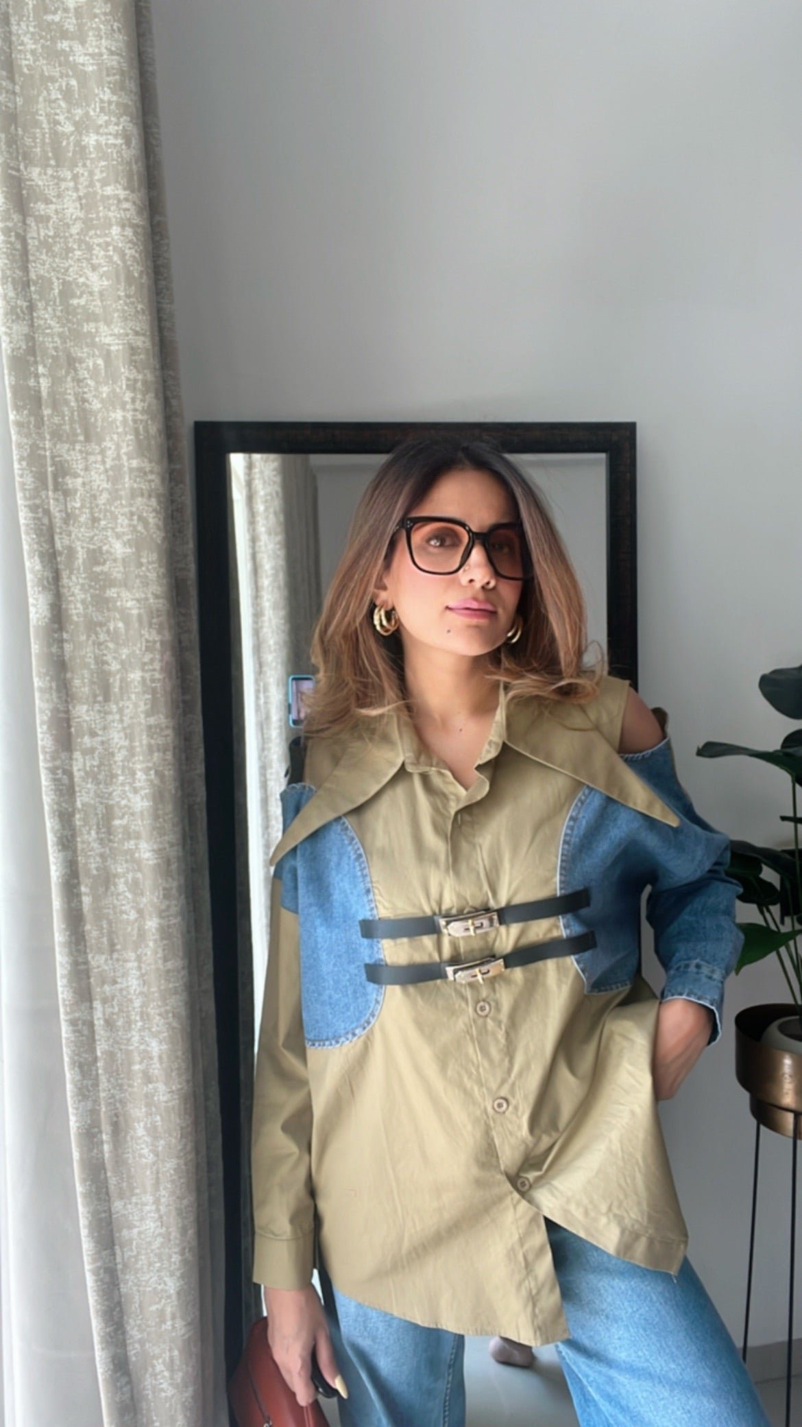 Denim Shoulder Cut Belt Detailed Poplin Shirt