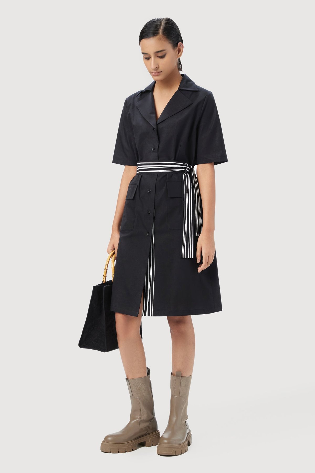 Black Cotton Poplin Shirt Dress with Striped Waist Tie