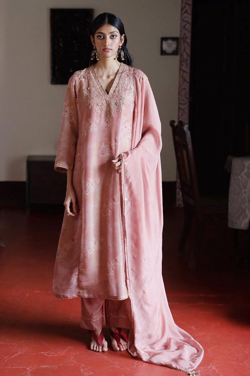 Light Mahogany Floral Kurta Set with Embroidered V-Neck