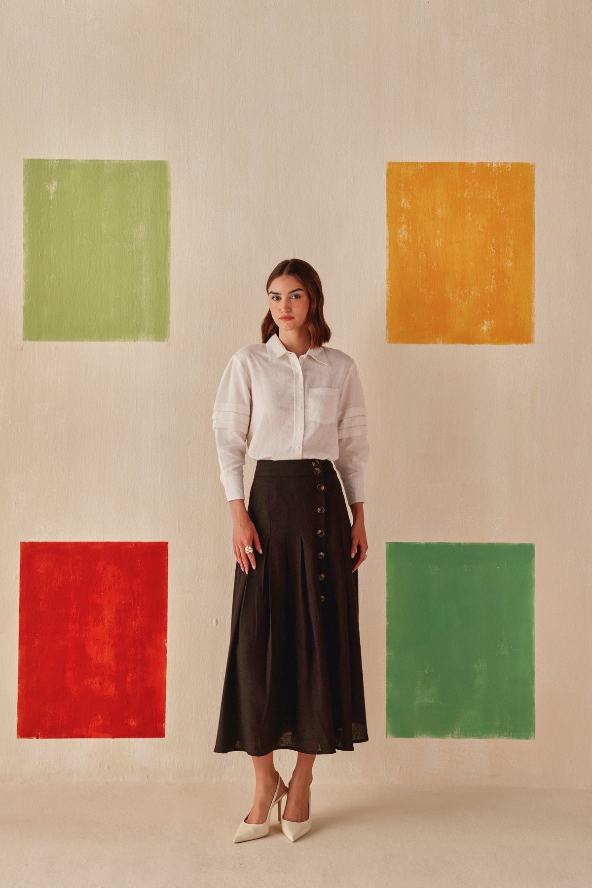 Black Pleated A-Line Midi Skirt with Asymmetric Buttons