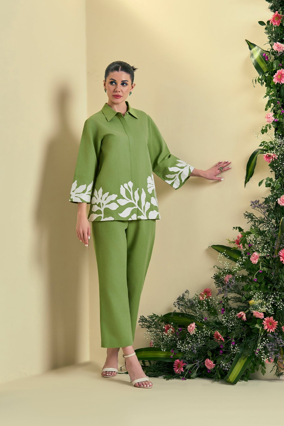 Green Collared Shirt and Straight Pants Co-ord Set