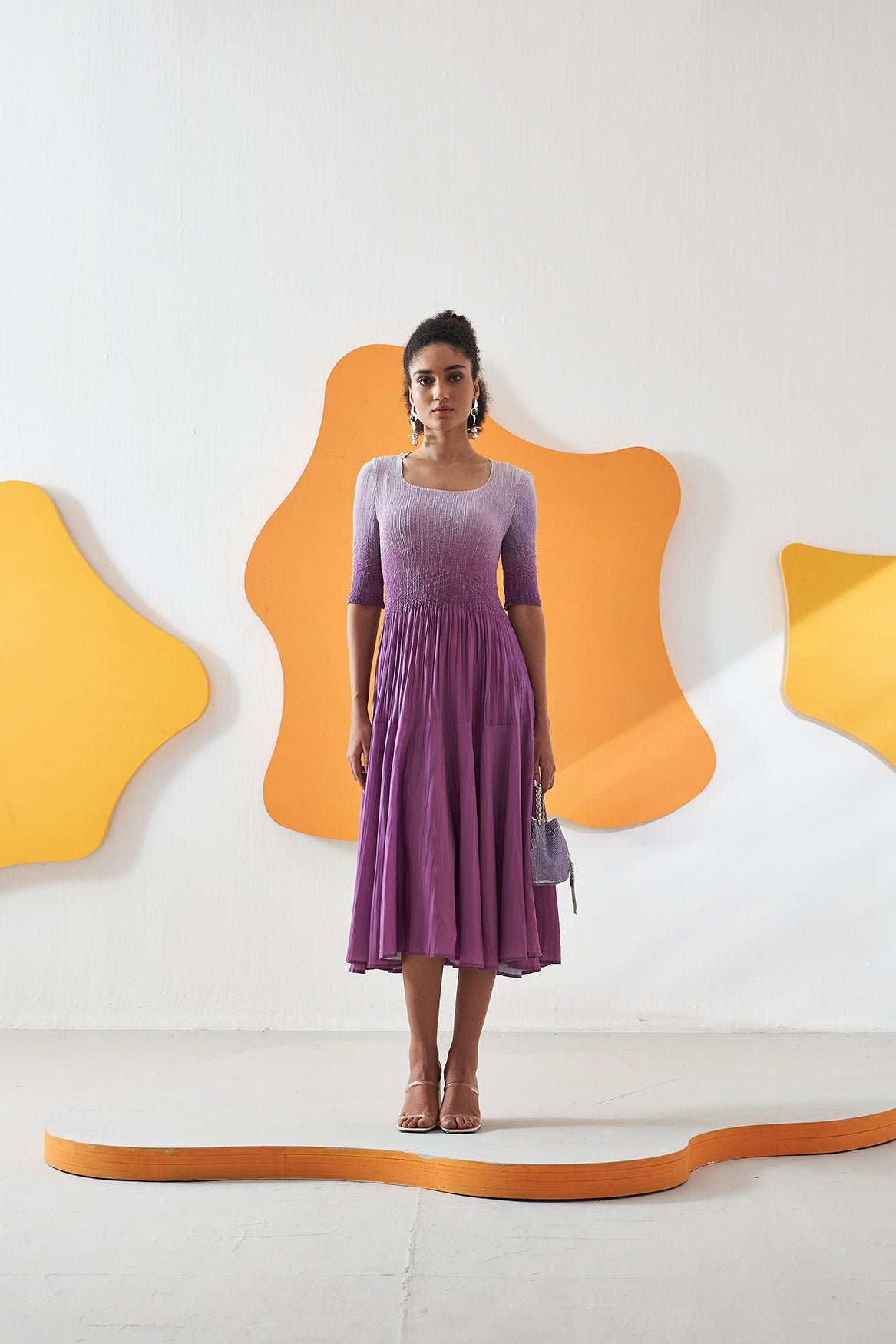 Pink Ombré Square-Neck Fit and Flare Midi Dress