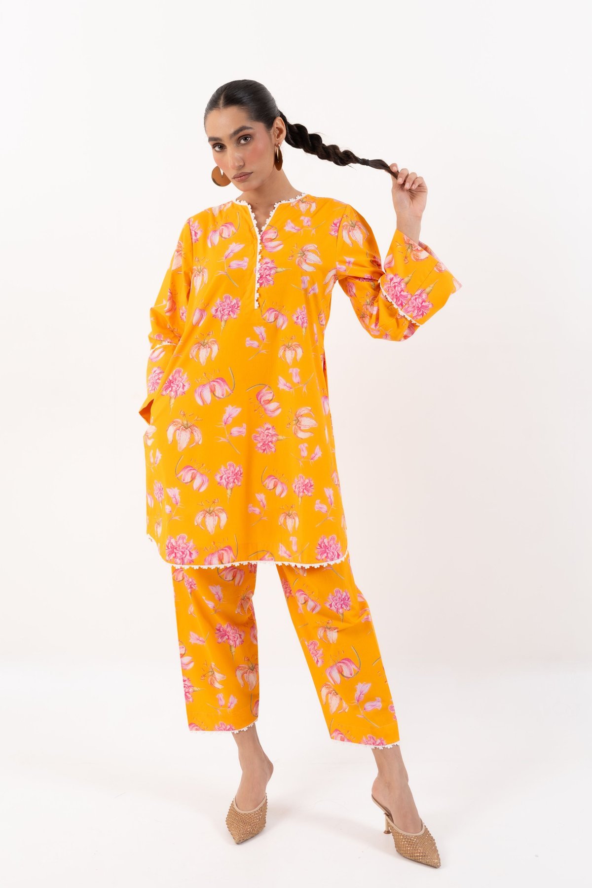 Orange Floral Tunic and Pants Co-ord Set with Crochet Trim