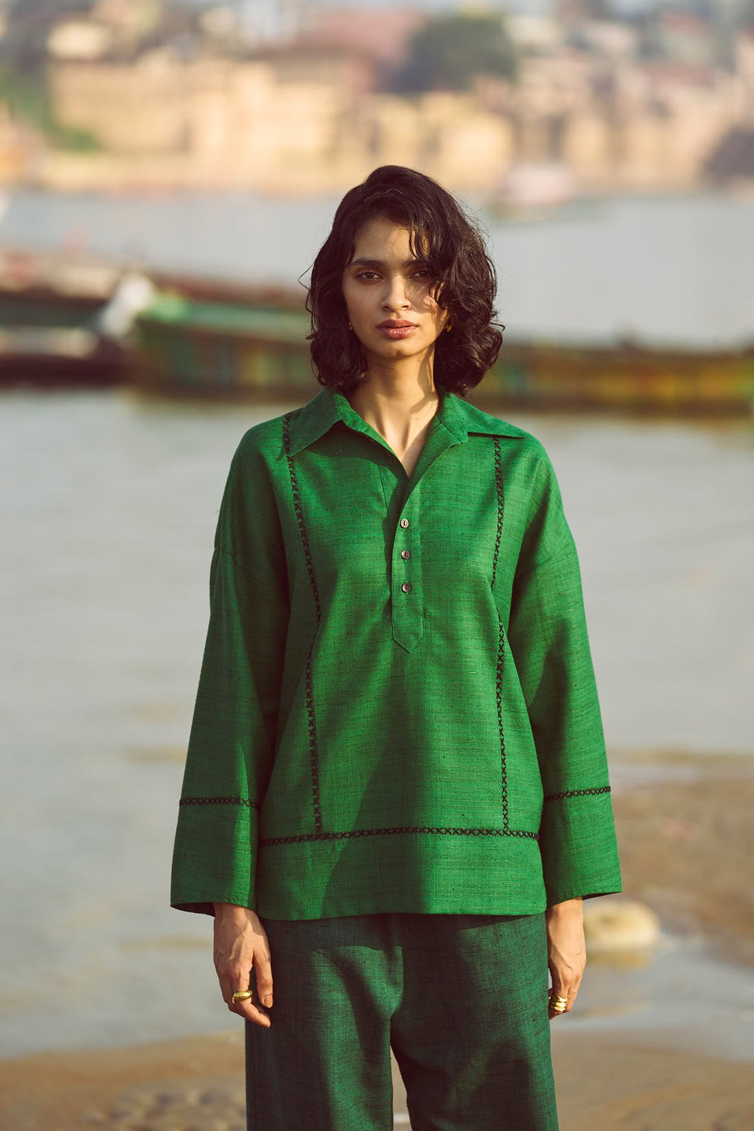 Green Popover Collared Top with Contrast Stitch Detail