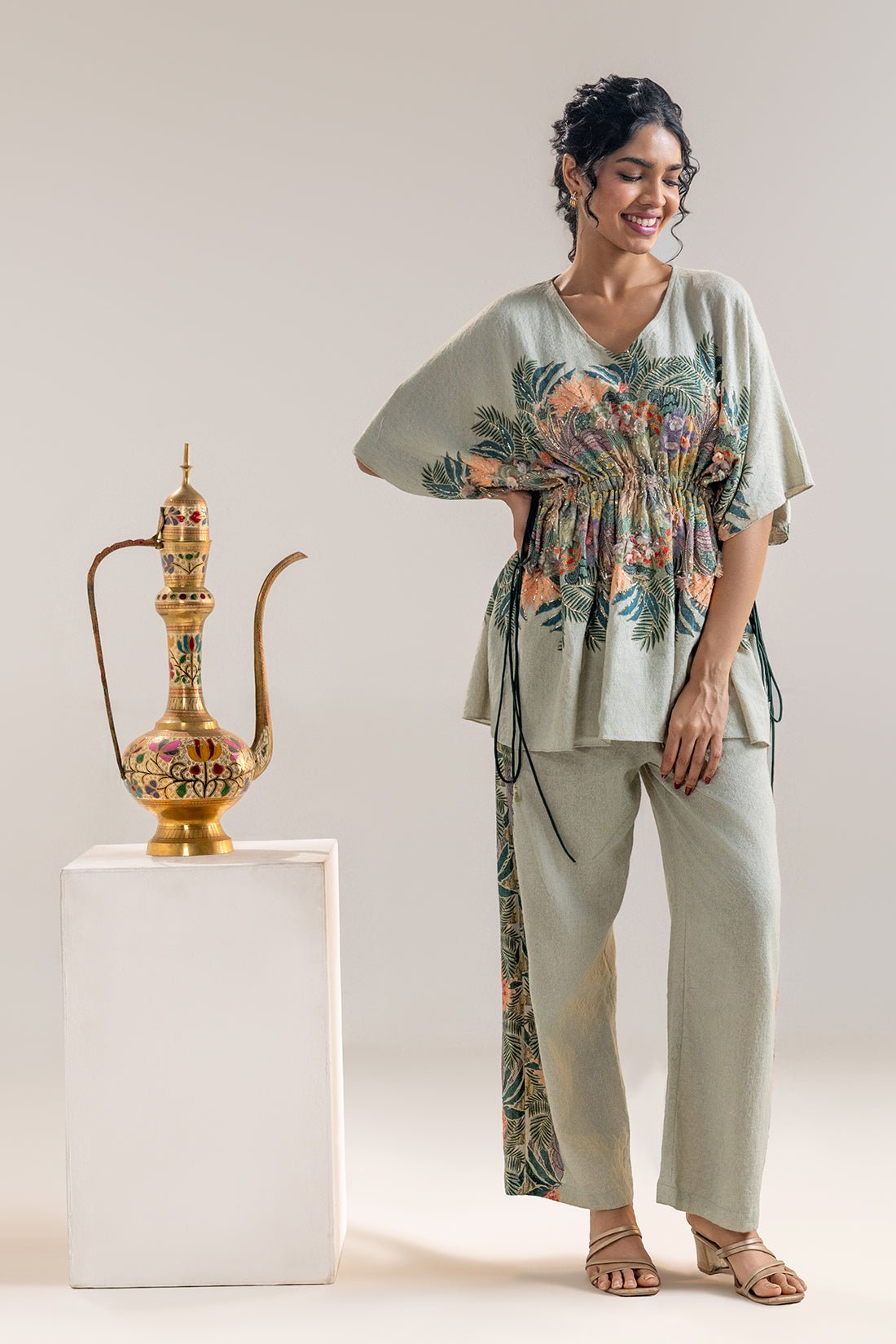Kaftan Top and Wide-Leg Pants Co-ord Set with Waist Tie