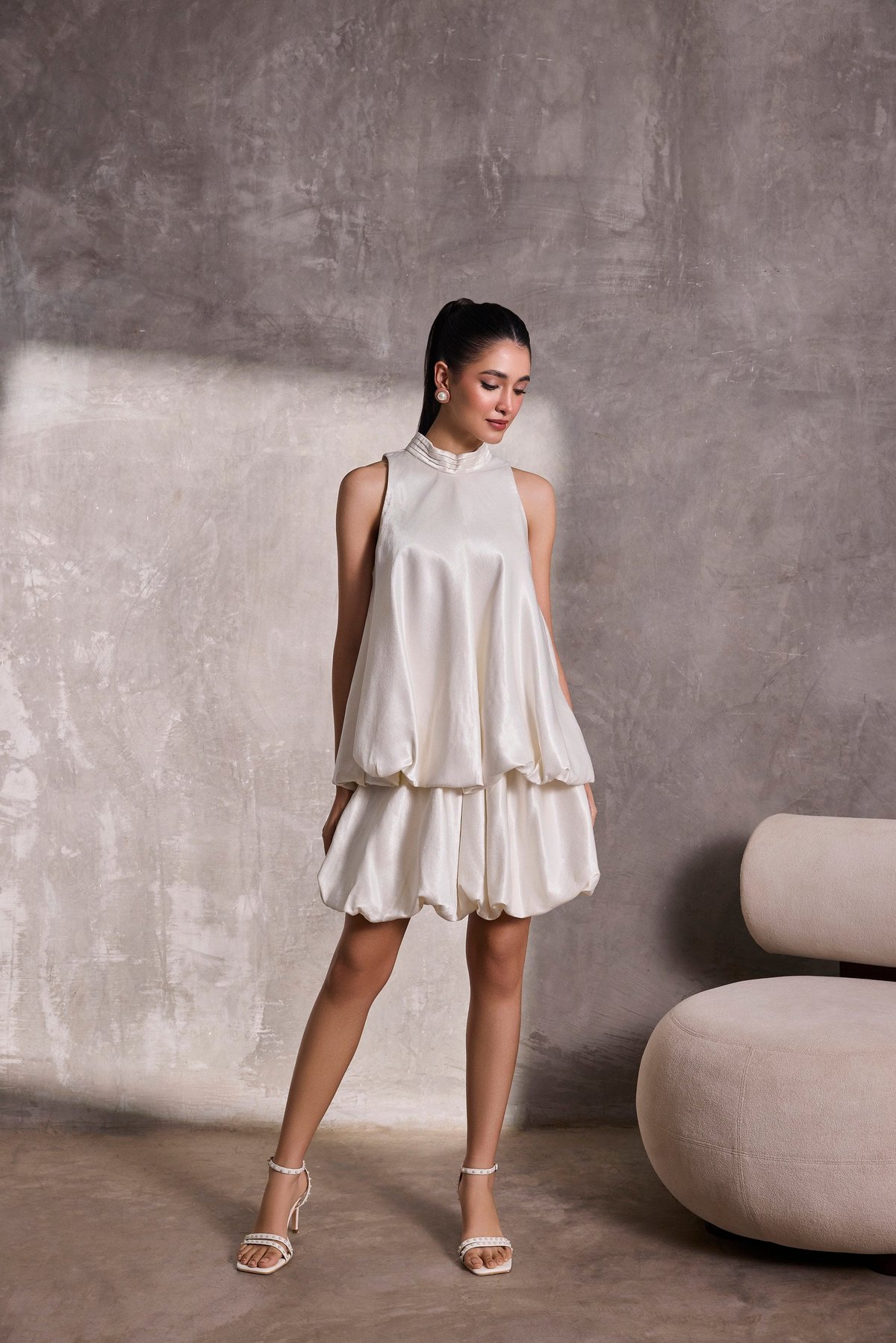 Ivory Gajji Silk Mini Bubble Skirt
