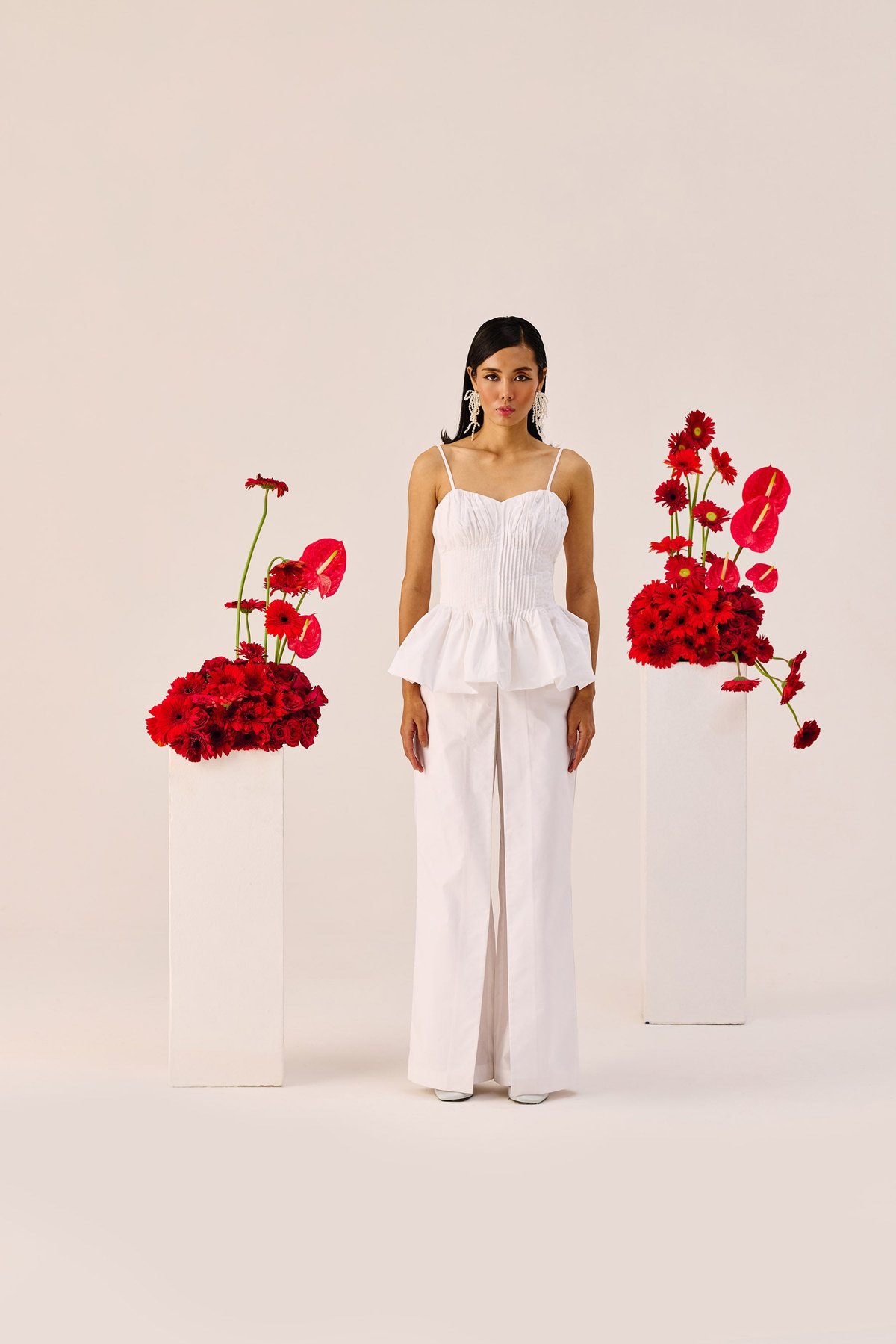 White Cotton Peplum Bustier Top with Pintuck Detail