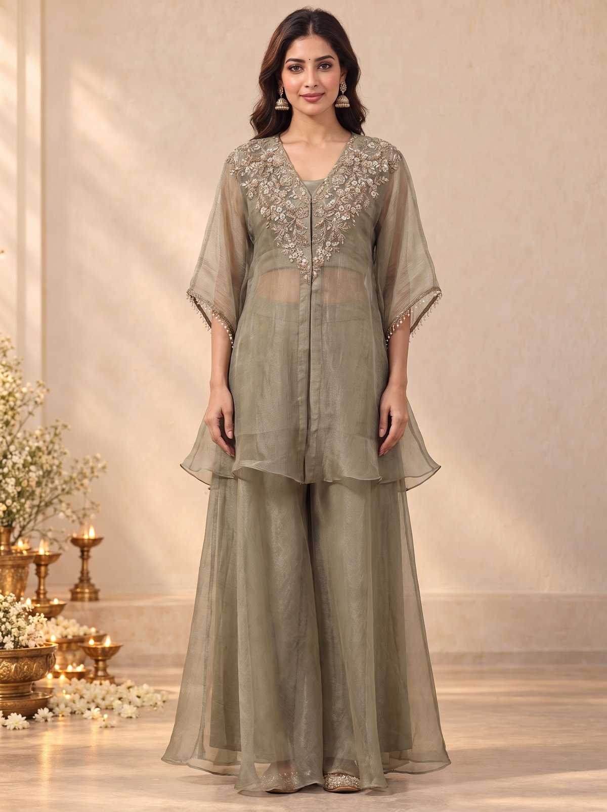 Embroidered Dabka & Thred Work Set In Green