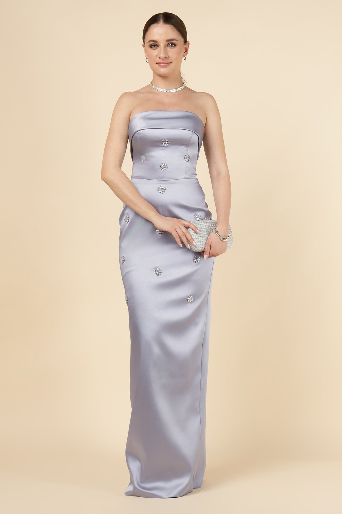 Silver/Purple Strapless Embellished Maxi Gown