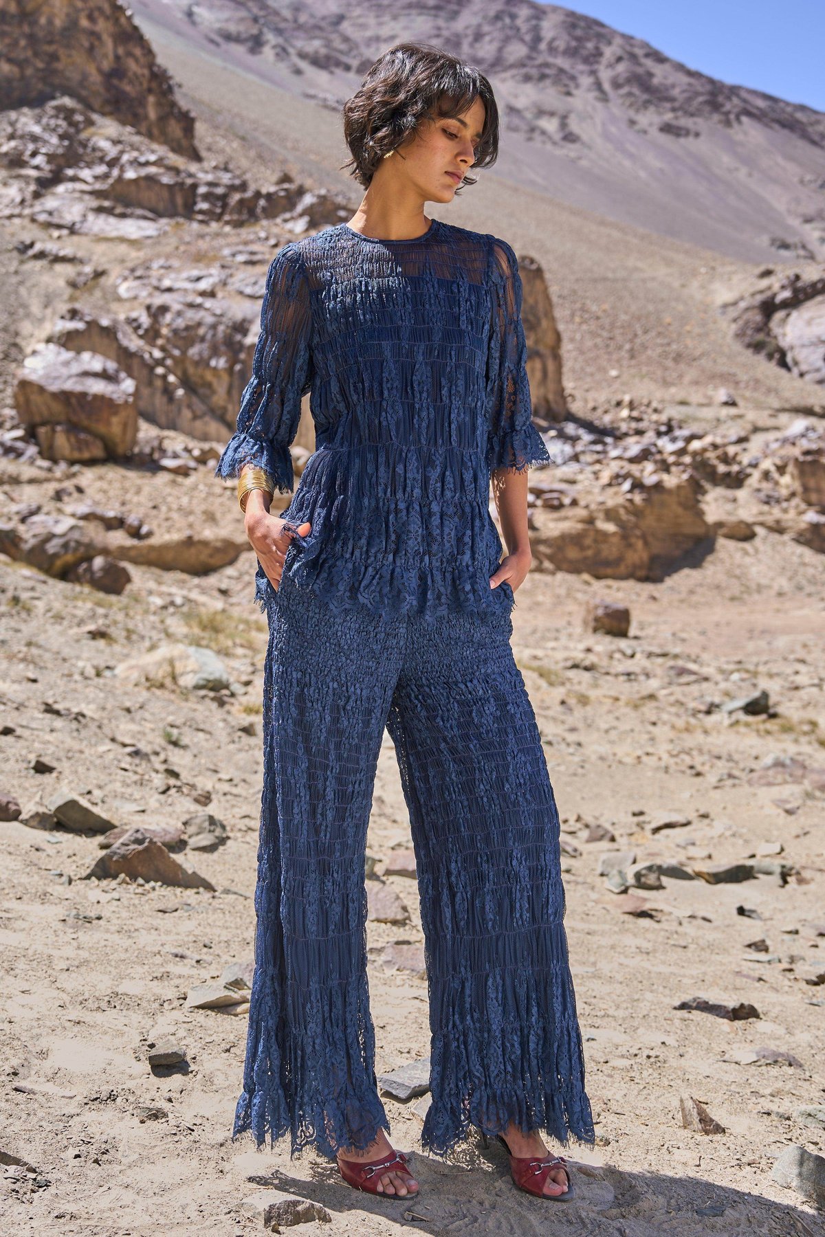 Navy Allover Ruched Lace Top with 3/4 Sleeves