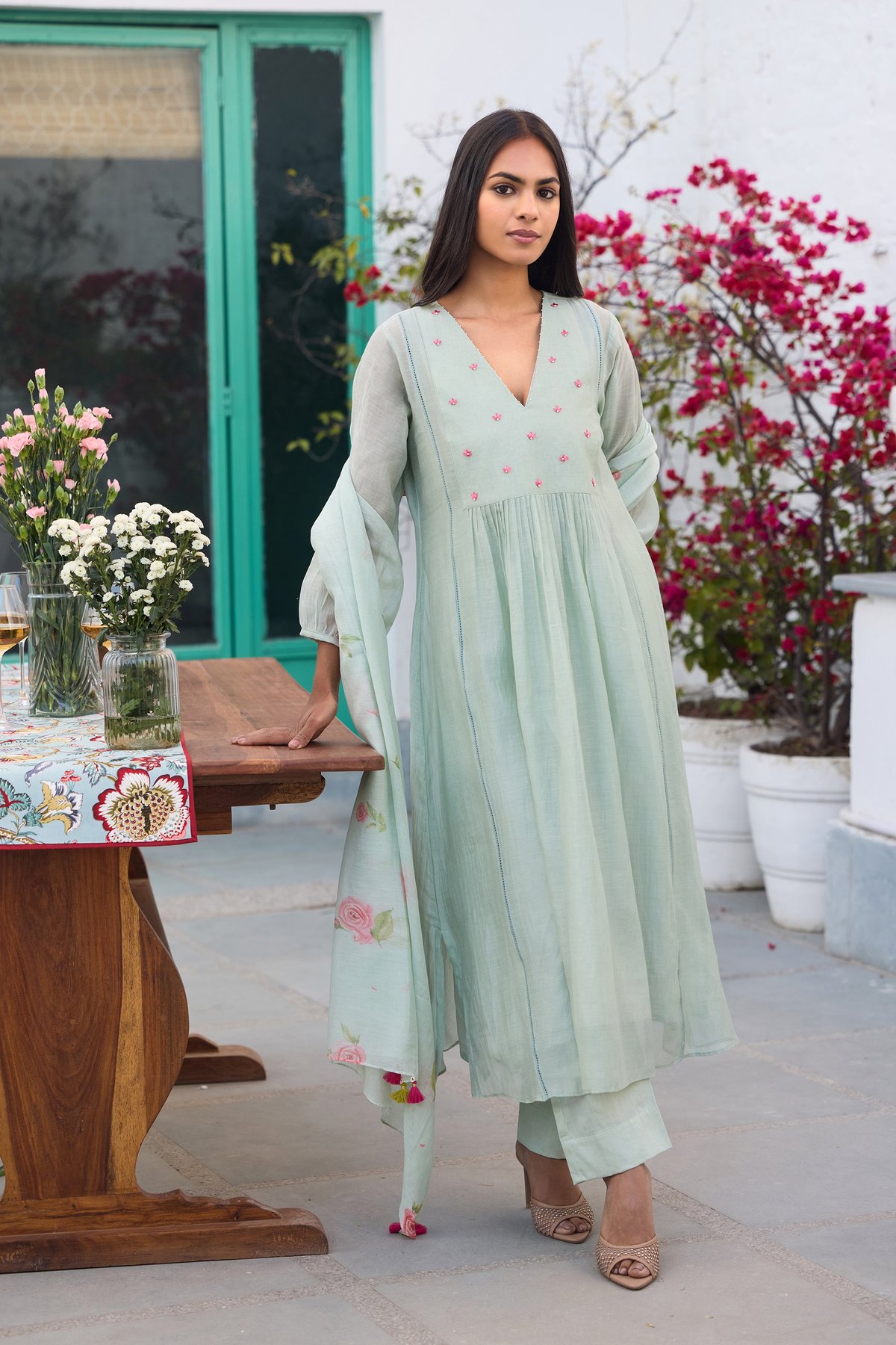 Ice Blue Hand-Painted Floral A-Line Kurta Set