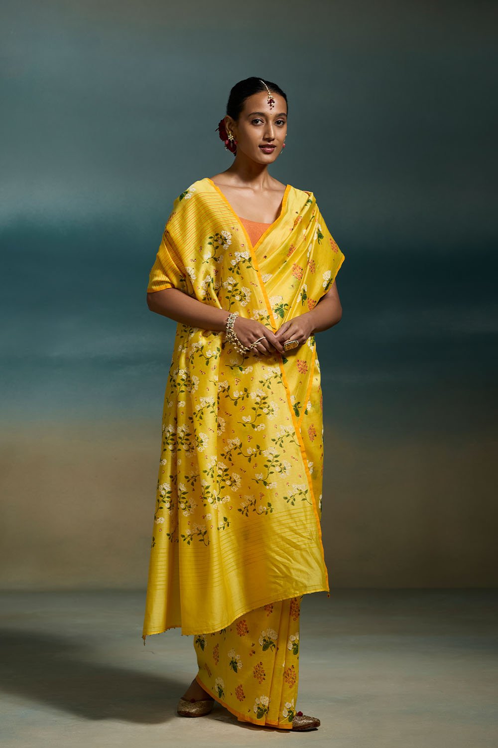Yellow Chanderi Floral Hand Block Print Saree with Contrast Border