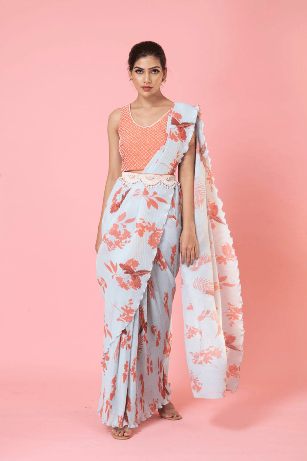 White Base Bird Print Pre-Draped Georgette Saree Set