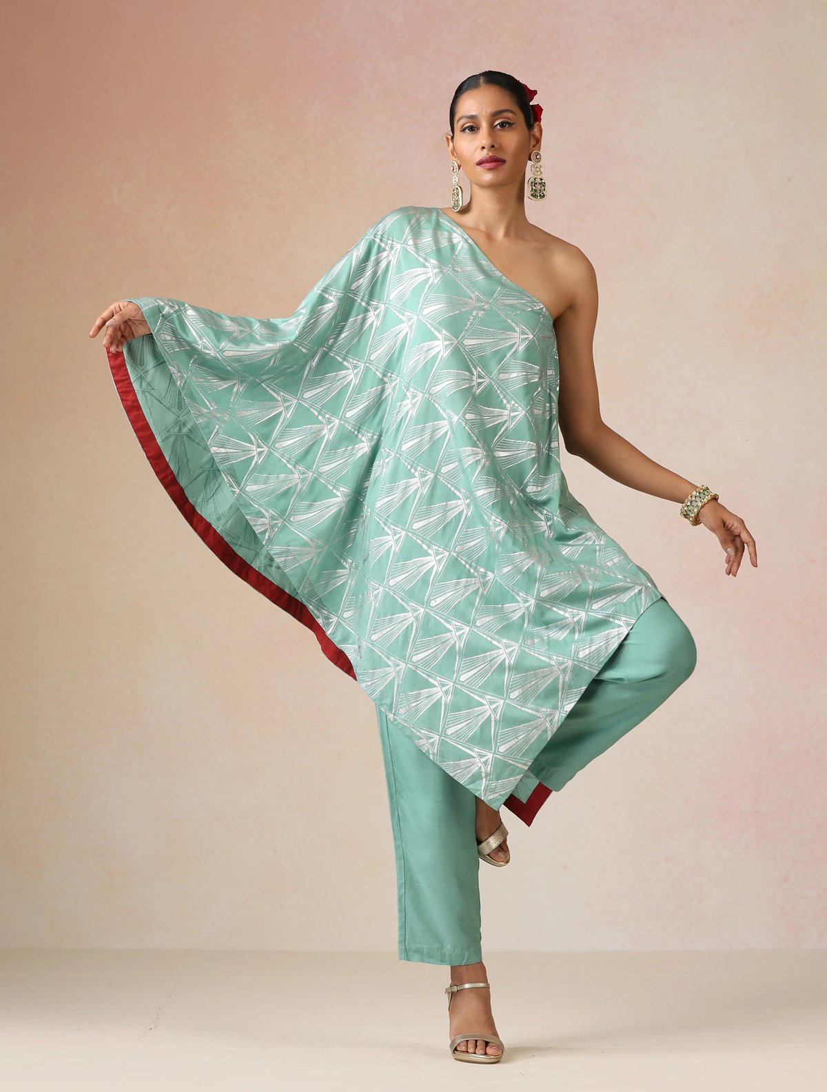 Mint Green One-Shoulder Foil Print Kurta Pant Co-ord Set