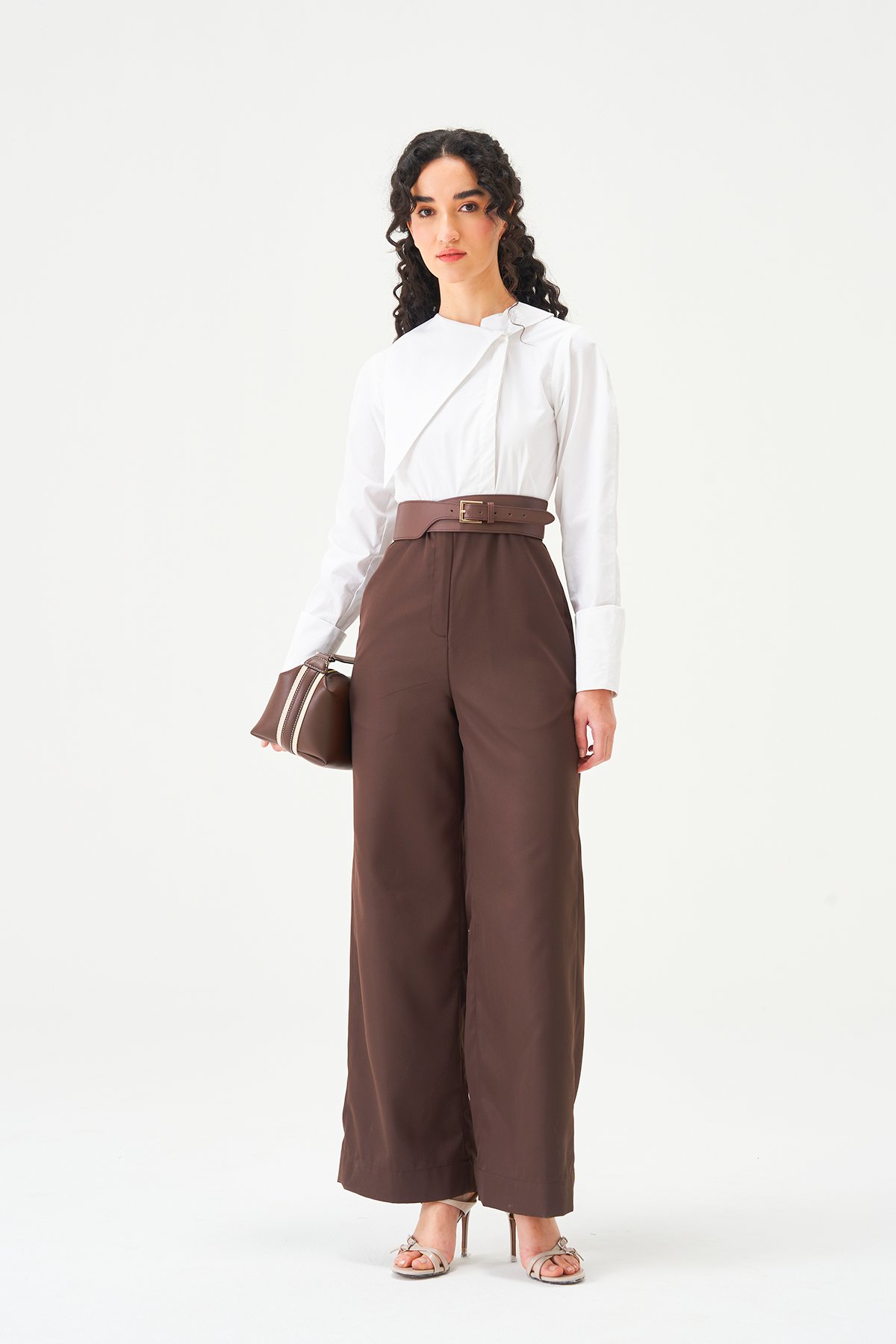 White and Brown Colorblocked Belted Wide-Leg Jumpsuit