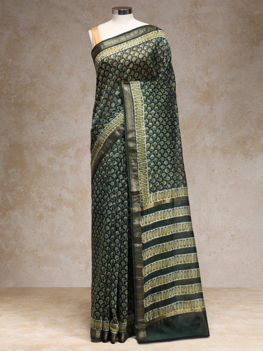 Olive Green Handblock Printed Abstract Dotted