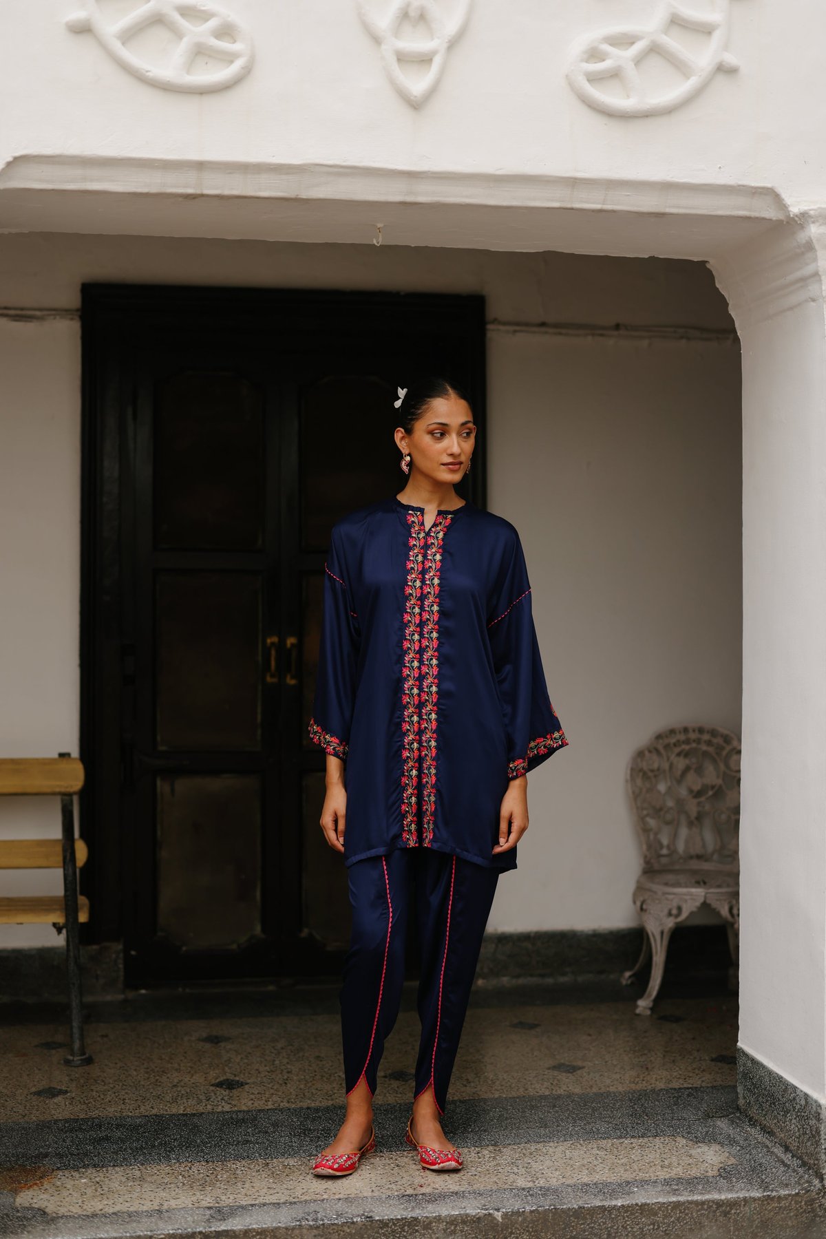 Navy Blue Embroidered Kurta Set with Tulip Pants