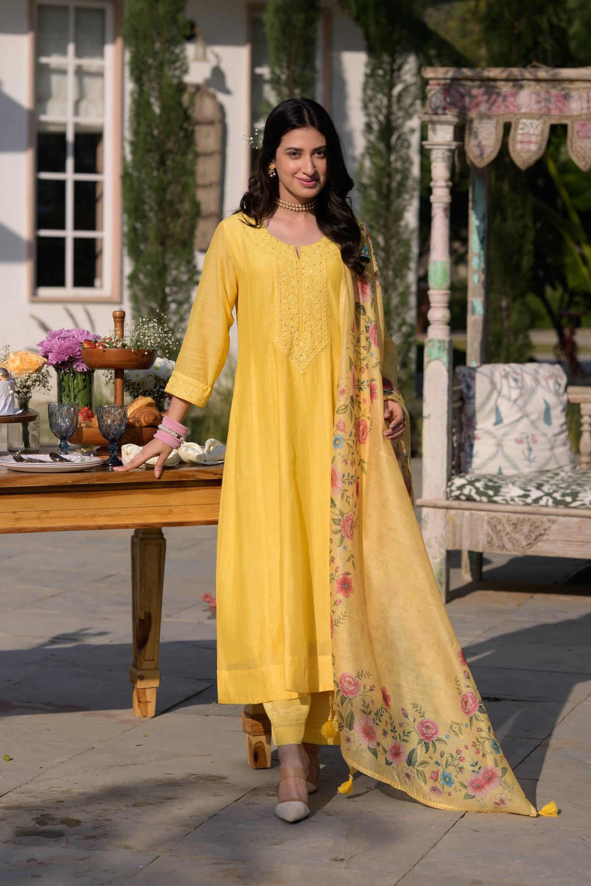 Butter Yellow Lucknowi Work Mul Chanderi Set