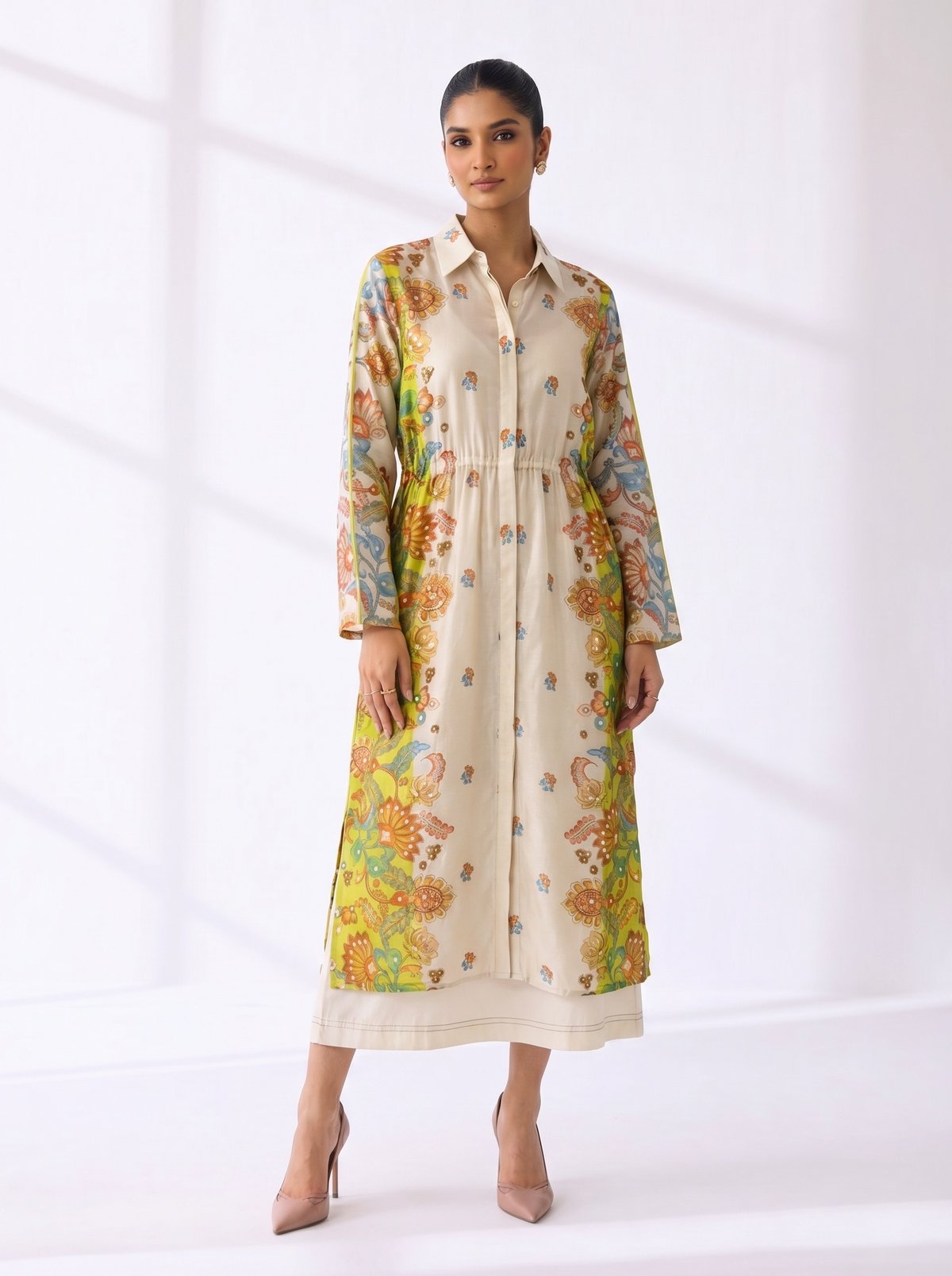Off White Printed Chanderi Midi Shirt Dress