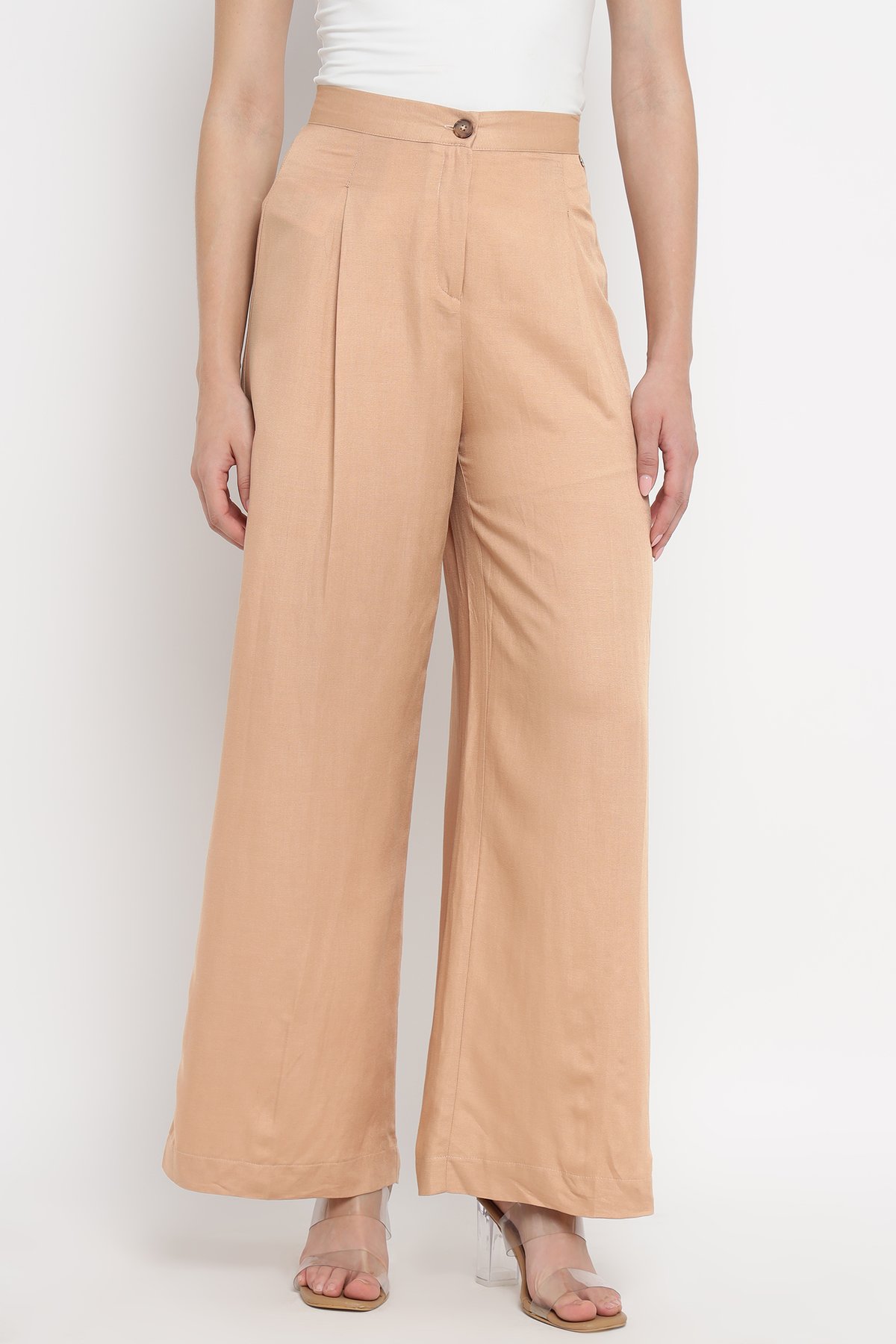 Beige High-Waist Wide-Leg Pleated Trousers