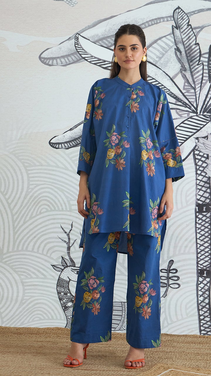 Blue Flower Kimono Tunic With Blue Flower Pants