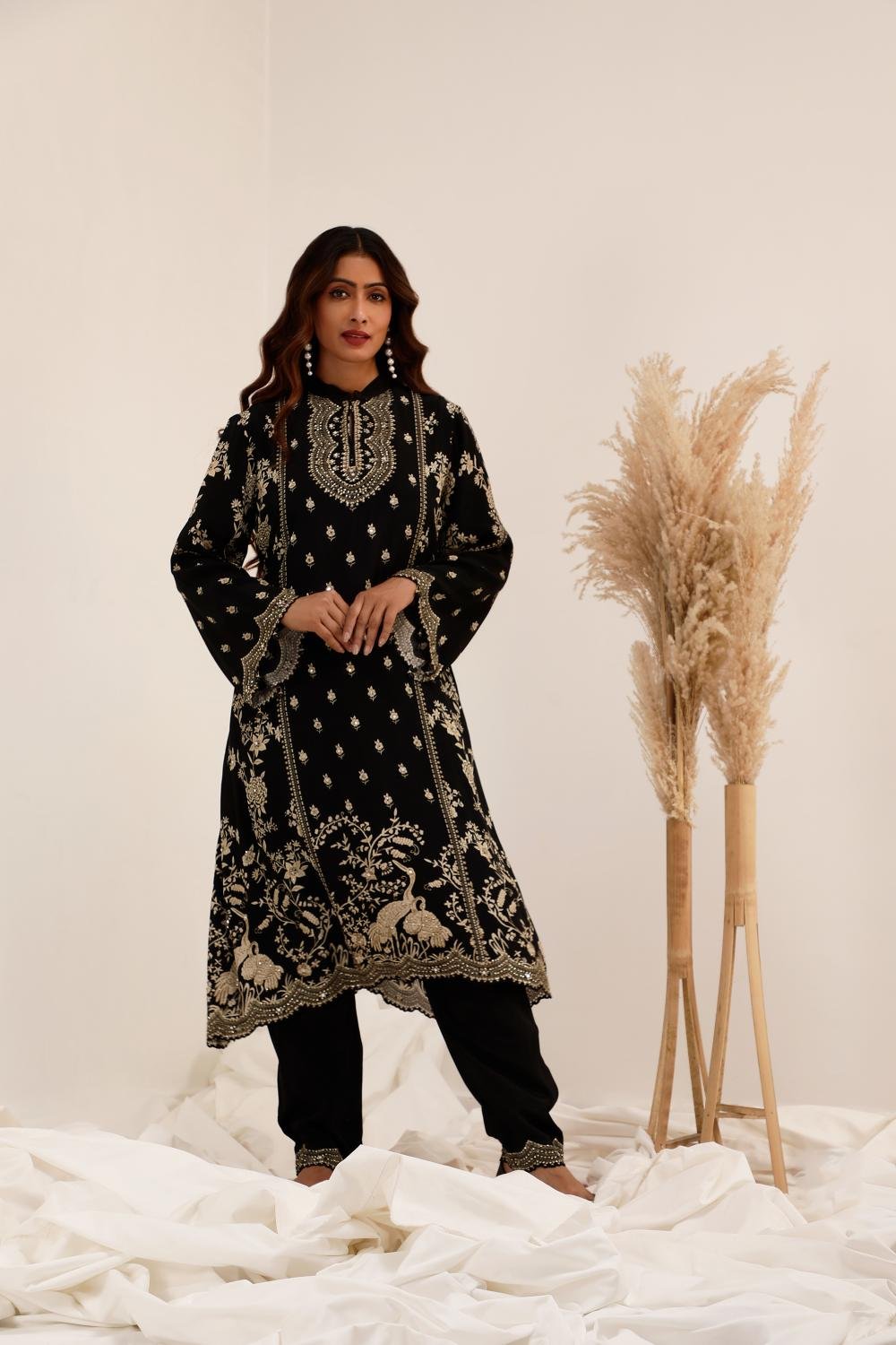 Black Crepe A-Line Kurta Set with Dhoti Pants