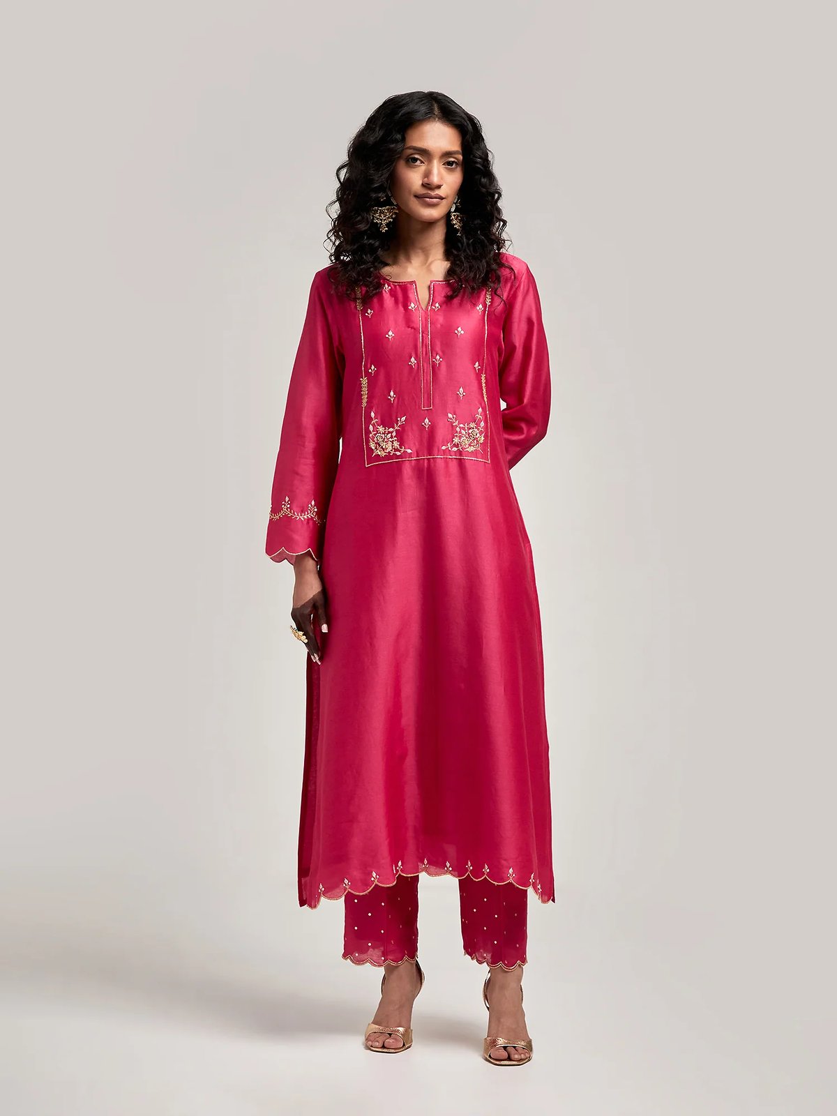 Fuchsia Silk Chanderi Embroidered Yoke Kurta Set