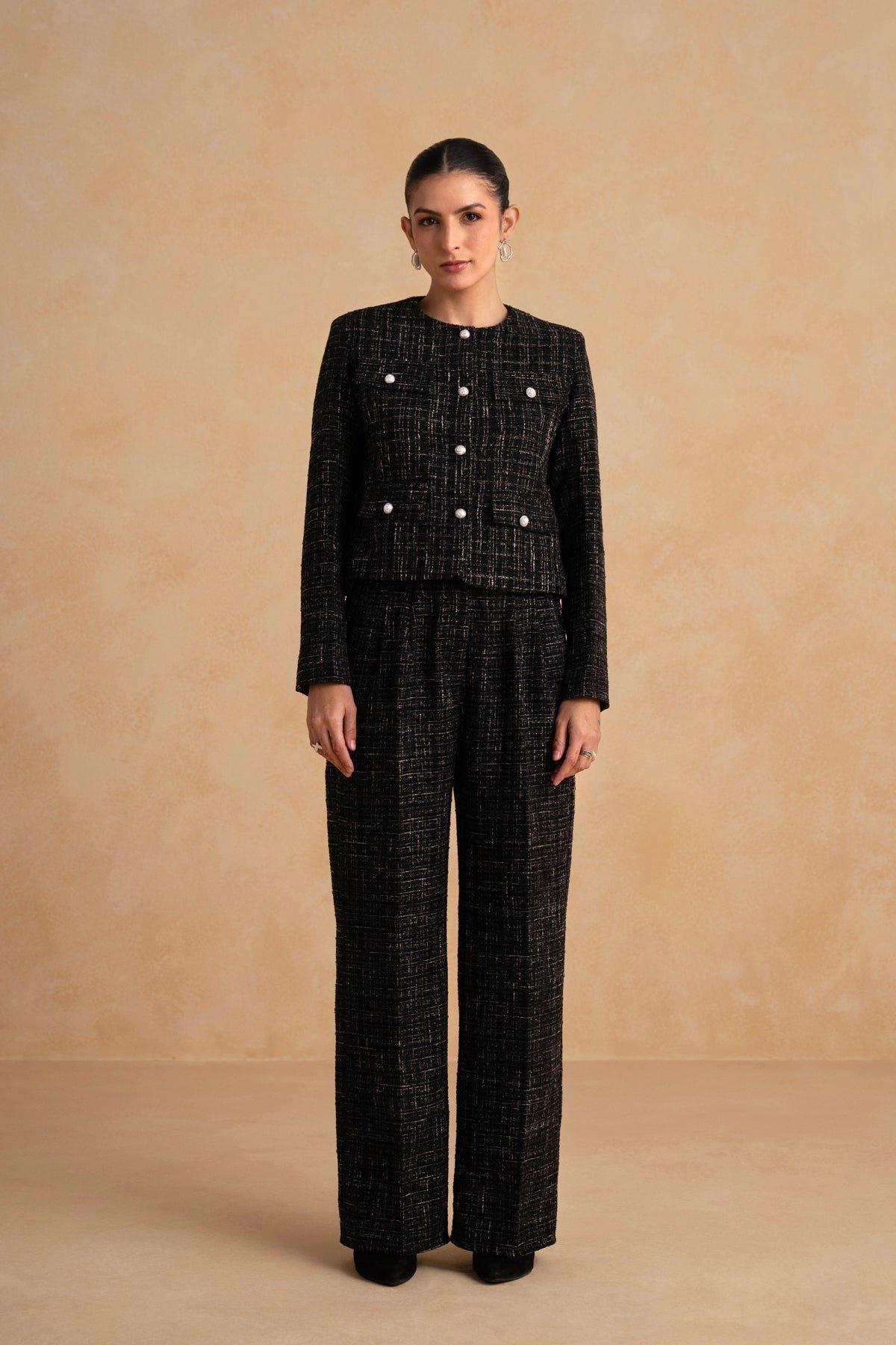 Black Tweed Jacket and Wide-Leg Pants Co-ord Set