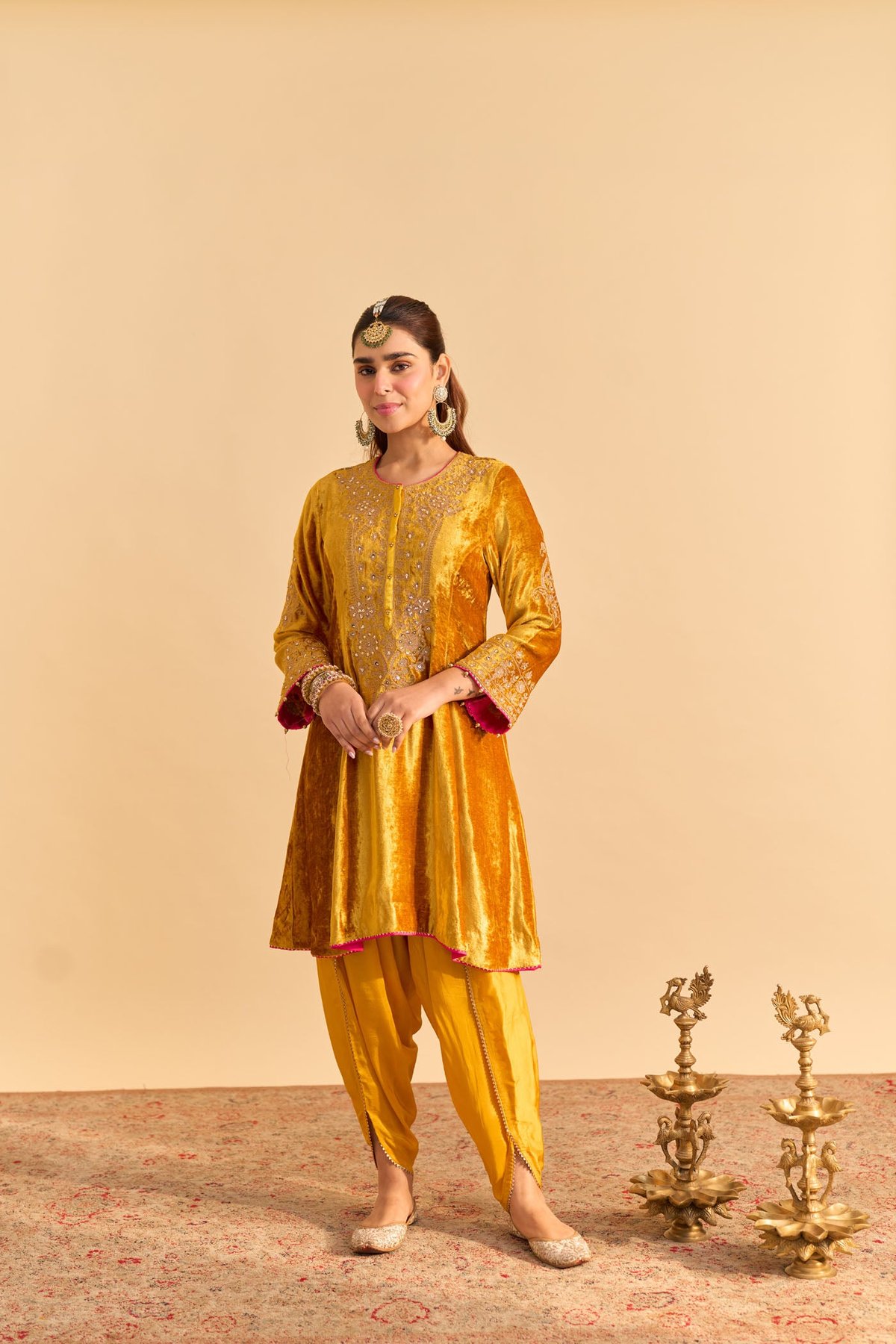 Mustard Silk Velvet A-Line Kurta and Dhoti Set