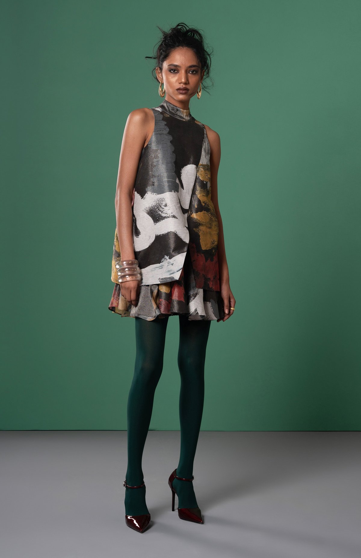 Multicolor High-Neck Abstract Printed Mini Dress