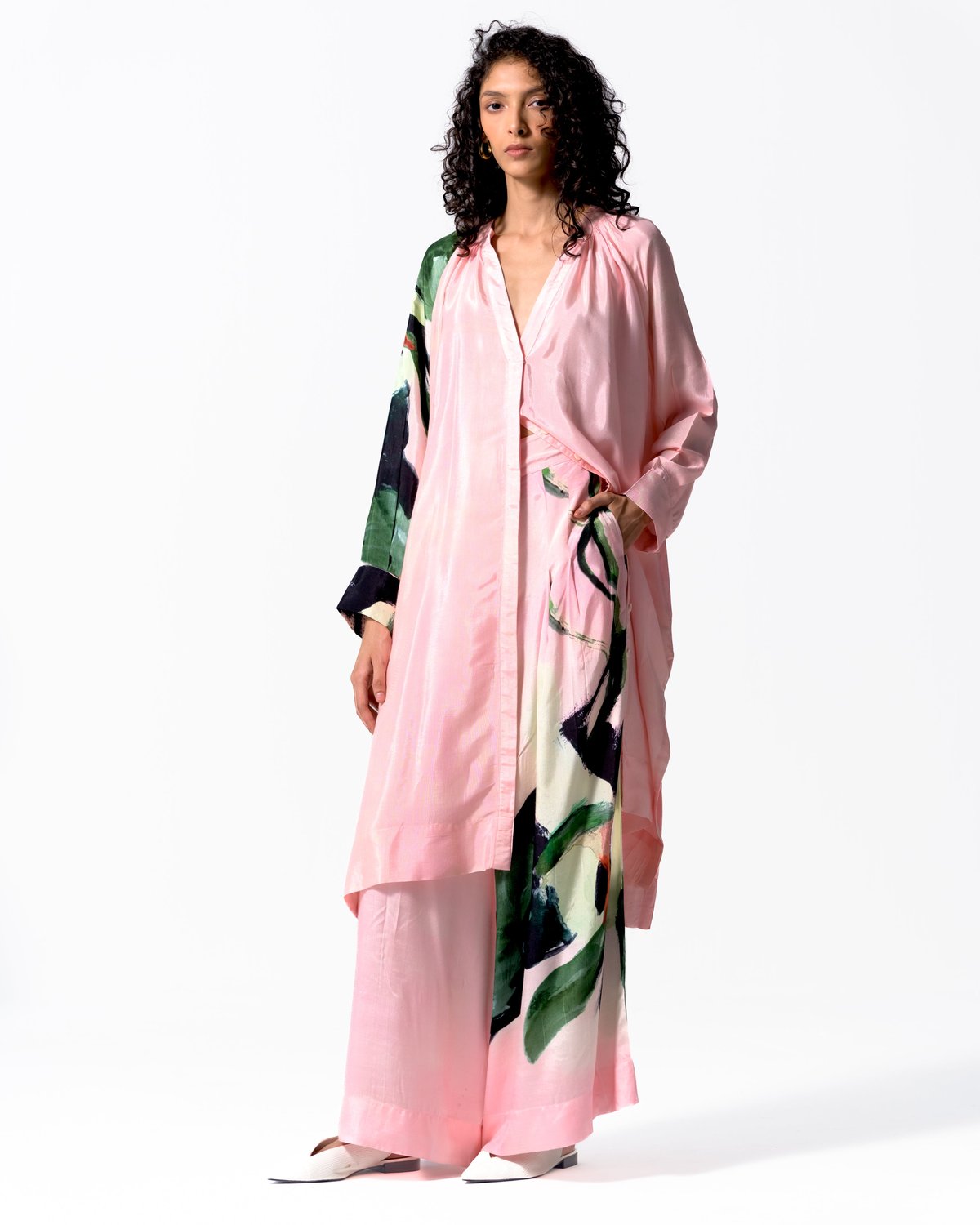 Pink Abstract Printed Anti-Fit Midi Shirt Dress