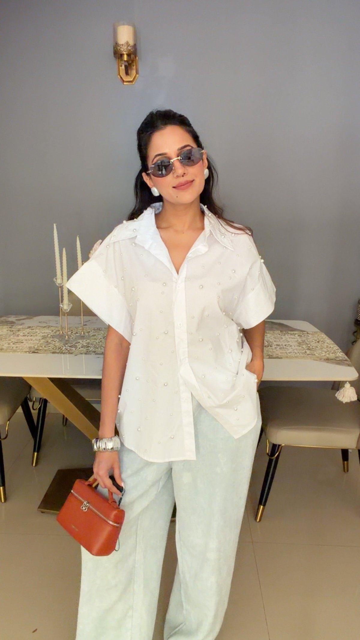 Oversized Pearl Embedded Poplin Shirt