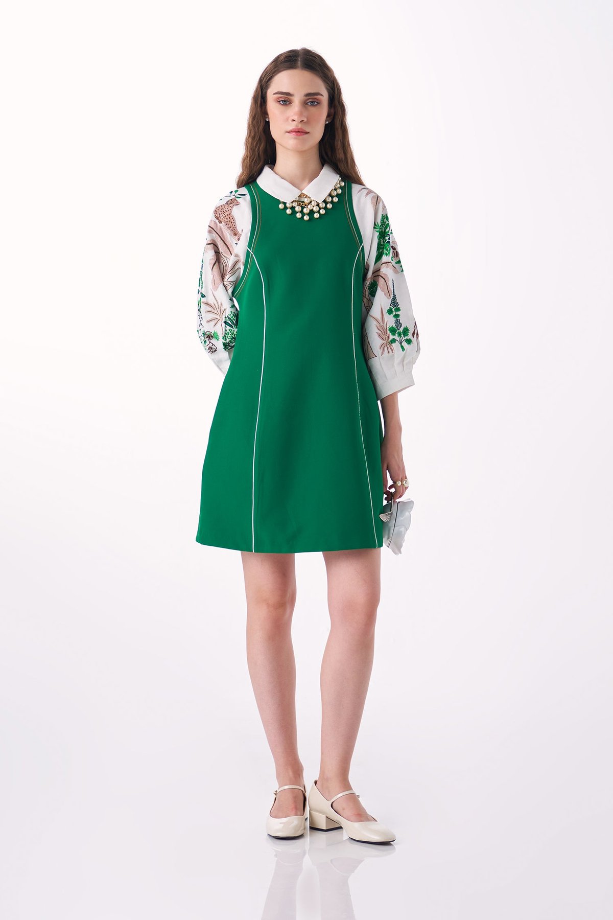 Emerald Colorblock Collared Mini A-Line Dress