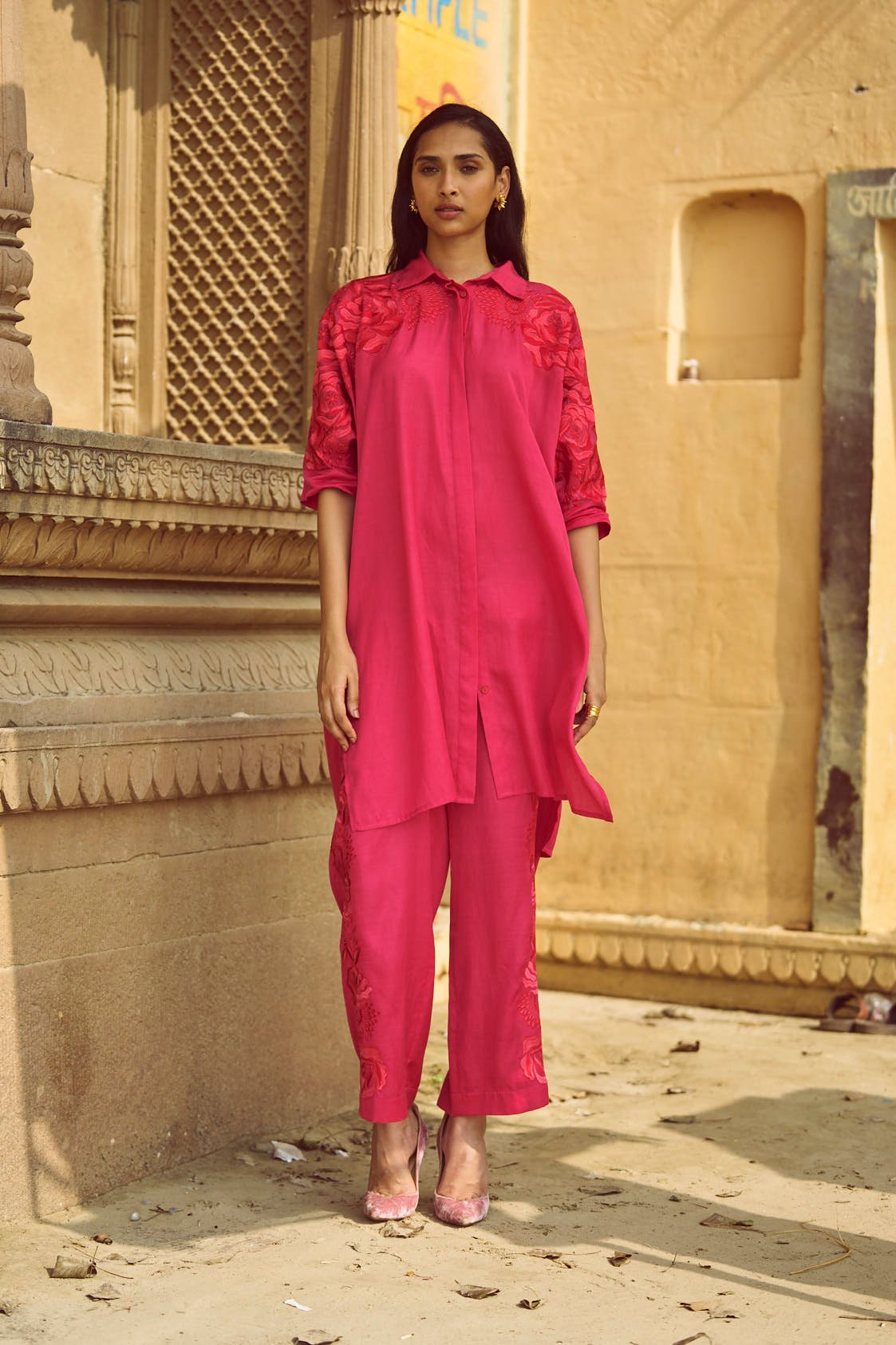 Pink Boxy Longline Embroidered Shirt Top