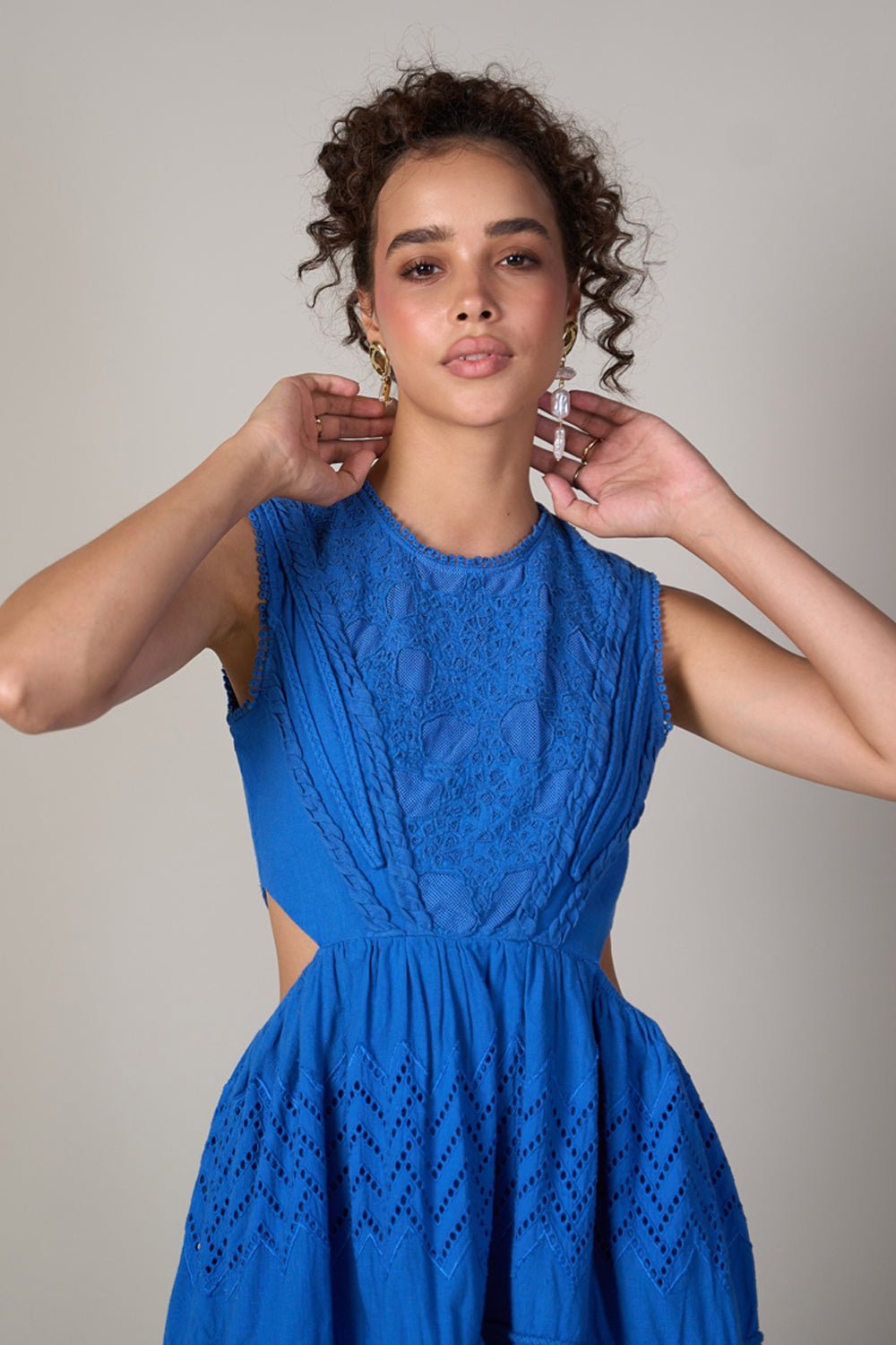 Blue Cotton Cut-Out Fit and Flare Mini Dress